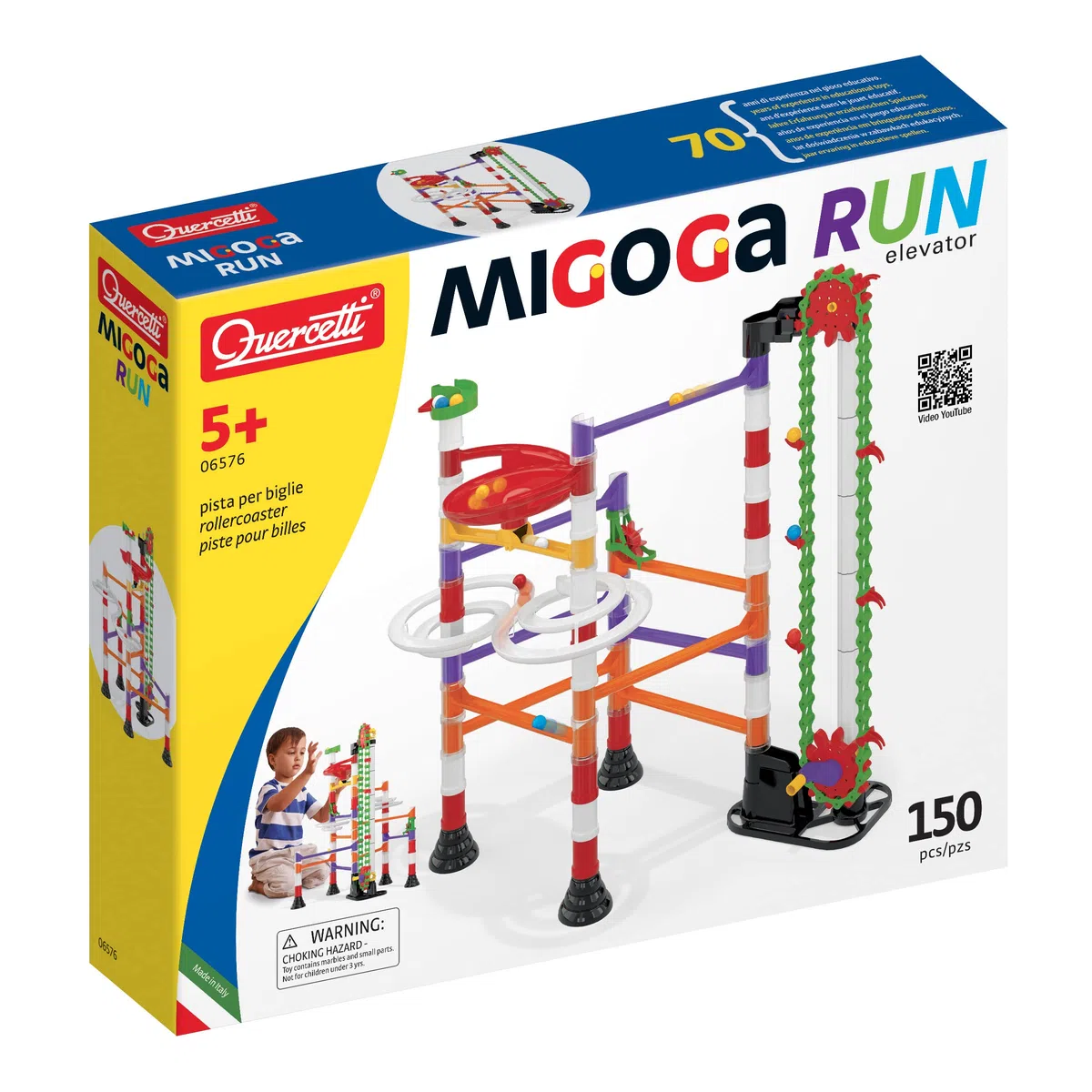 Quercetti Migoga Elevator, Pista Biglie per Bambini 150 Pezzi con Ascensore, Giochi Bambino 5 Anni in Su, Giochi Creativi, Costruzioni per Bambini, Giochi Educativi, Made in Italy