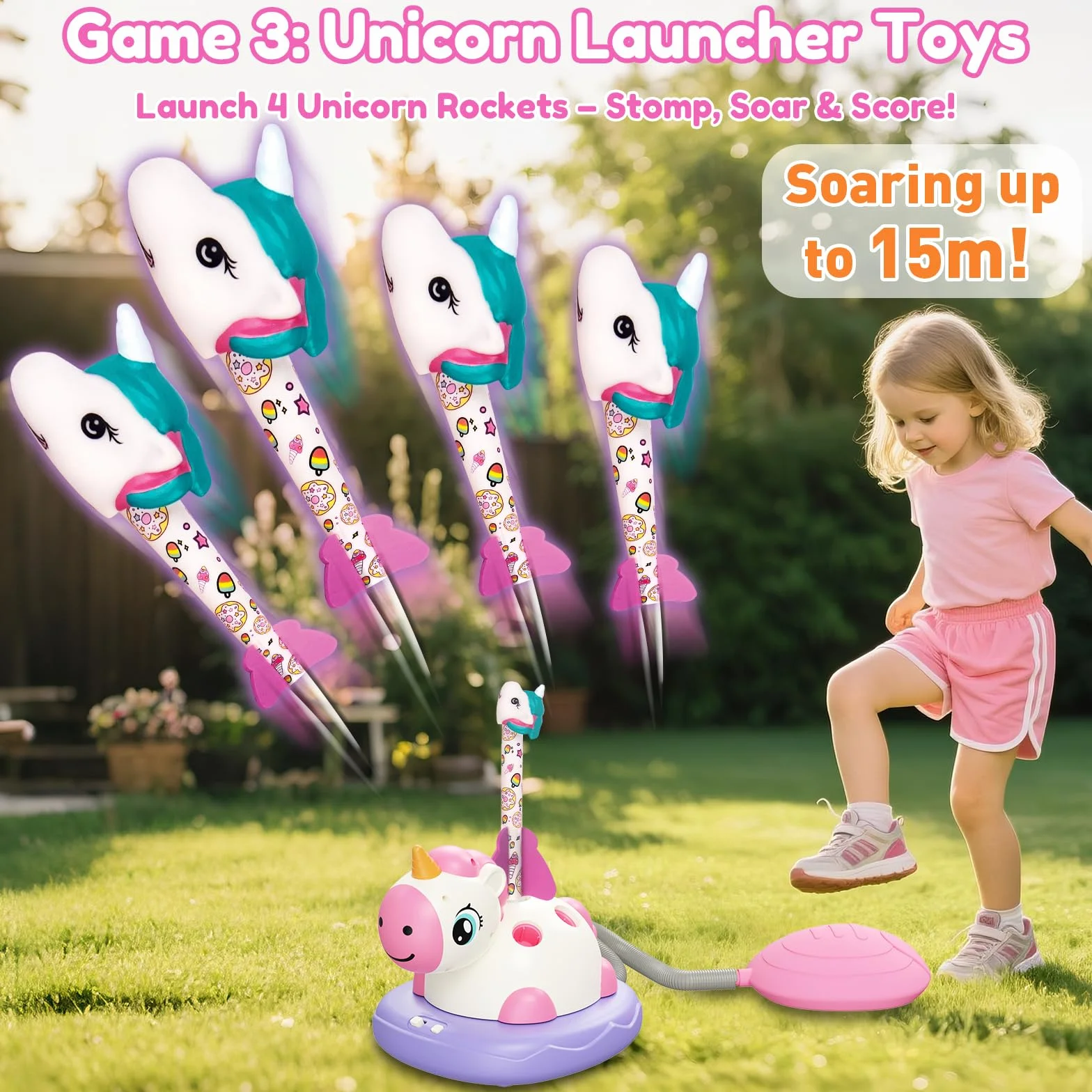 Aliex Unicorno Bambina Regalo 3 4 5 6 7 8 9 Anni | 3 in 1 Giochi da Esterno per Bambini – Salta con Musica, Razzo Spaziale Giocattolo e Gioco Lancio Anelli - Giochi da Giardino e Interno