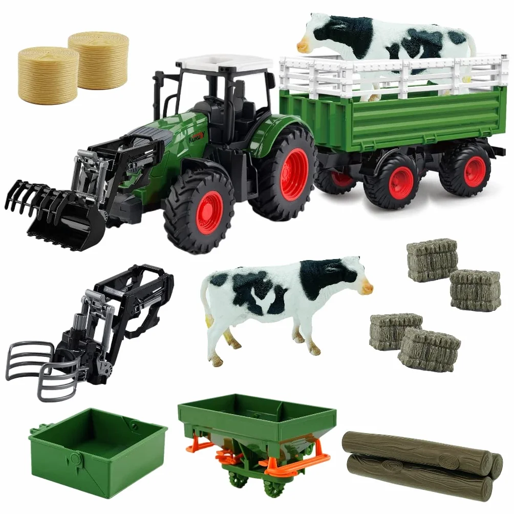 Trattore agricolo Veicoli Trattore Rimorchio con pinza di presa Balla rotonda Caricamento frontale Rimorchio ribaltabile Spandiconcime con Giocattoli Agricoltura Playset per ragazzi bambini