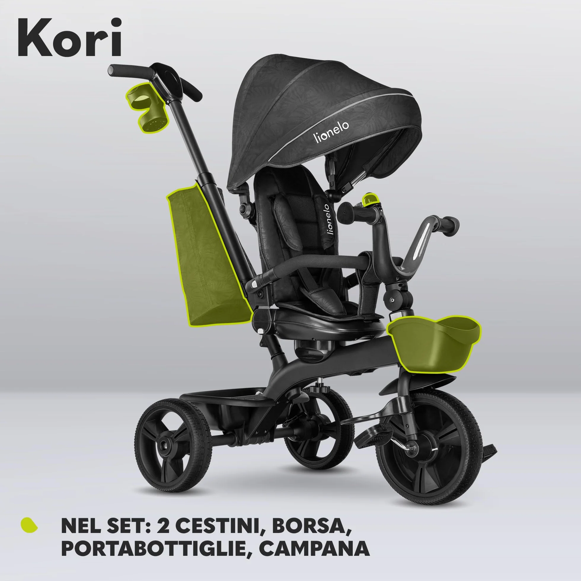 LIONELO Kori Triciclo Evolutivo per Bambini da 1.5 Anni fino a 25 kg Sedile Girevole 360° Telaio ultraleggero in lega di magnesio, Pneumatici resistenti, Maniglione per genitori e Accessori