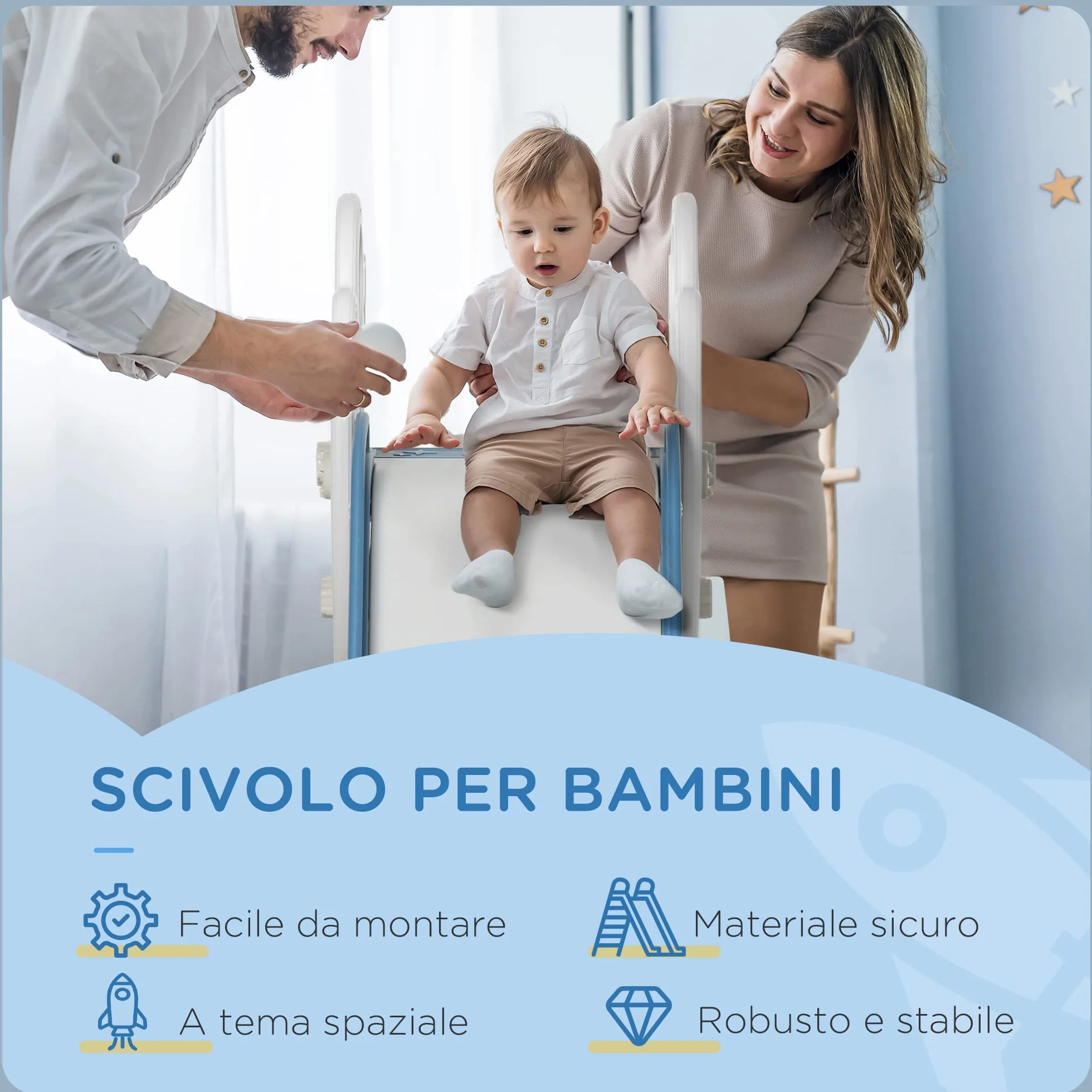 AIYAPLAY Scivolo per Bimbi 18-36 Mesi a Tema Spaziale con Scale Antiscivolo, Scivolo da Interno in PE e PP, 157x46.5x80 cm, Blu e Bianco