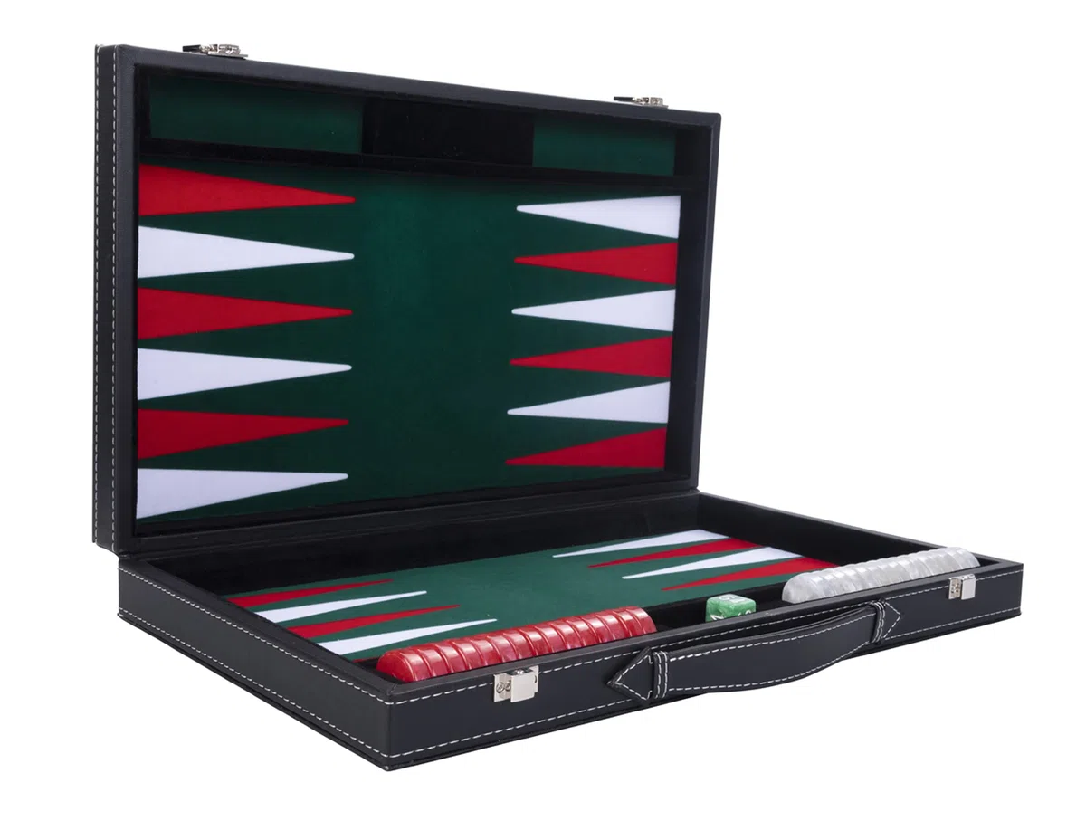 Engelhart - 250511 - Grande Backgammon di Lusso 45,5 cm (18 Pollici) - Similpelle Rossa con Inserto in Feltro - Dadi e Fiches Madreperlate - 2 Bicchierini - Gioco Strategico da Tavolo