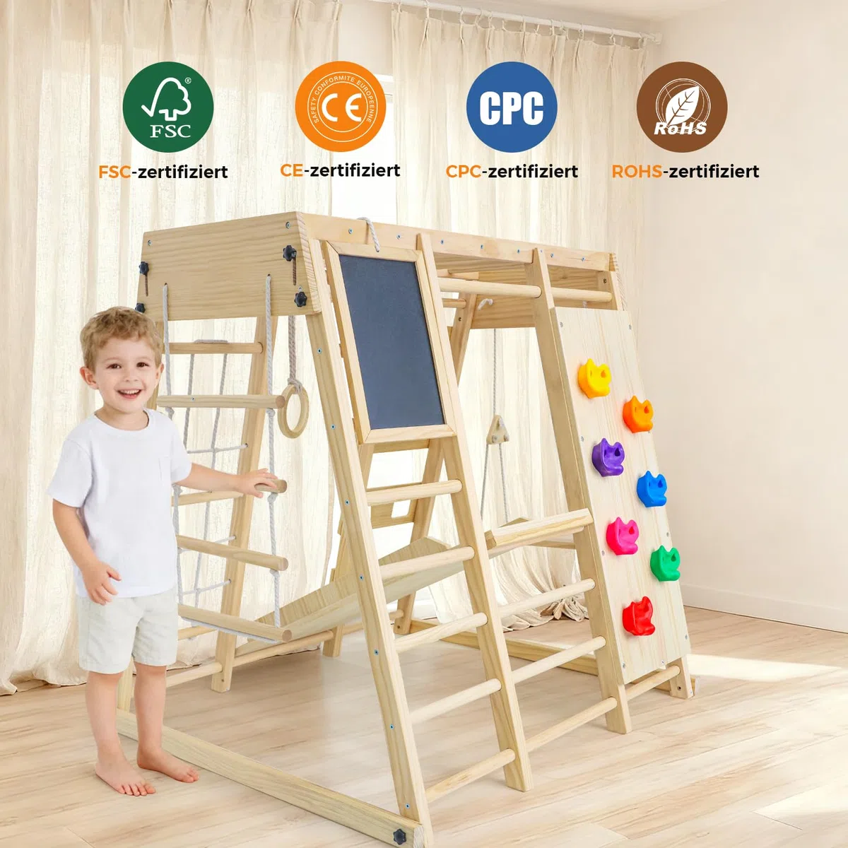 Maxi Telaio da Arrampicata per Interni Pieghevole 10 in 1 Montessori con Lavagna Scivolo Altalena Parete da Arrampicata