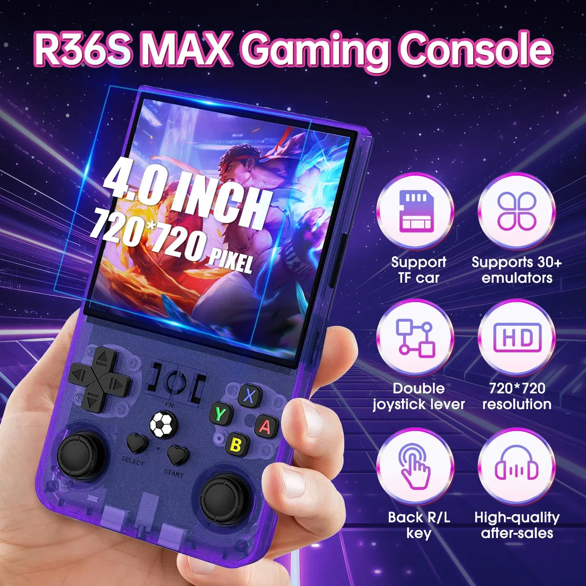 R36MAX - Console da gioco retrò, schermo IPS da 4,0 pollici, memoria 128 GB, 22.000 giochi preinstallati, batteria da 4000 mAh, console portatile per bambini - Viola