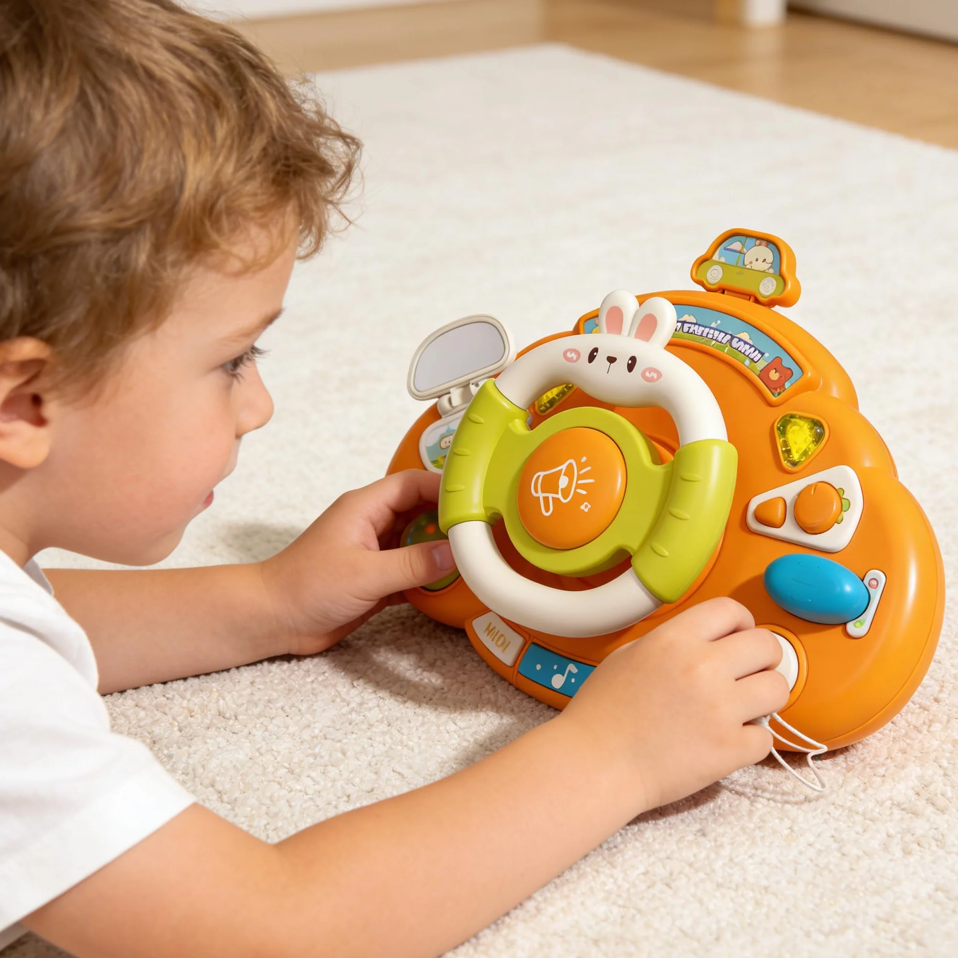 SUQ Coniglio Volante Per Auto Per Bambini, Auto Di Collegamento, Si Muove Con La Rotazione Del Volante, Giocattolo d'Imitazione Per Guida Simulata Con Rotazione a 360°Effetti Luminosi e Sonori
