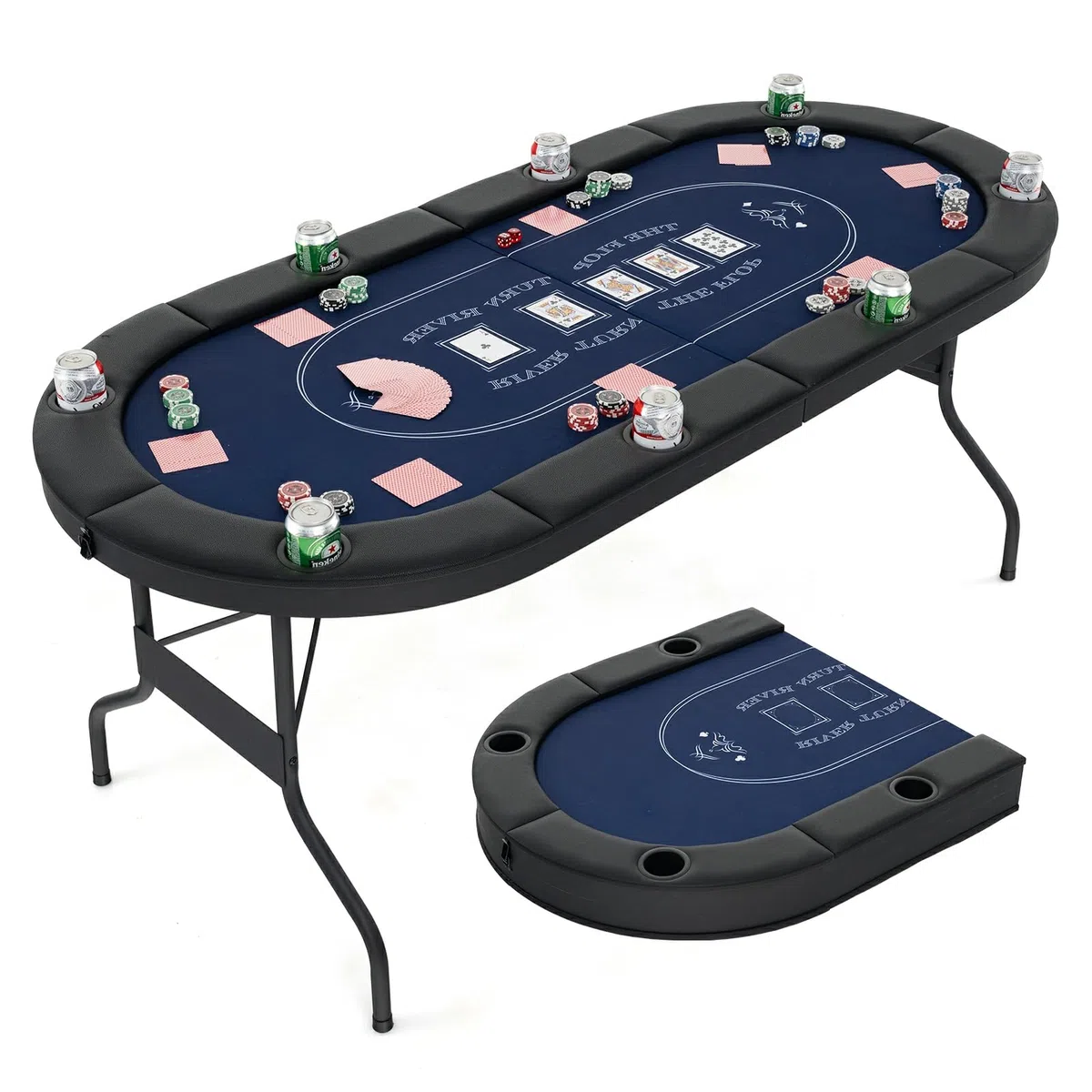 HOMASIS 182 x 82 cm Tavolo da Poker Pieghevole per 8 Giocatori, con 8 Portabicchieri in Metallo, Bordature Imbottite per Giochi di Carte, Tavolo da Gioco per Serate in Famiglia o Sala Giochi (Blu)