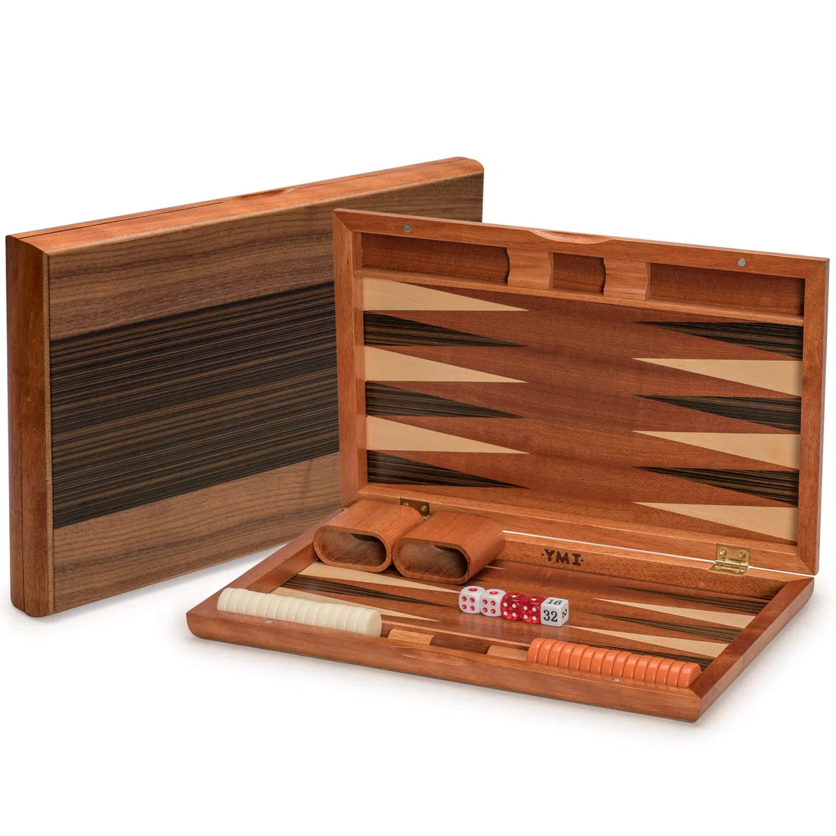 Yellow Mountain Imports, Set Backgammon Intarsiato in Legno, "Pasadena" - con Pedine in Acrilico e Tazze per Dadi in Legno, Tabellone 38,5 centimetri