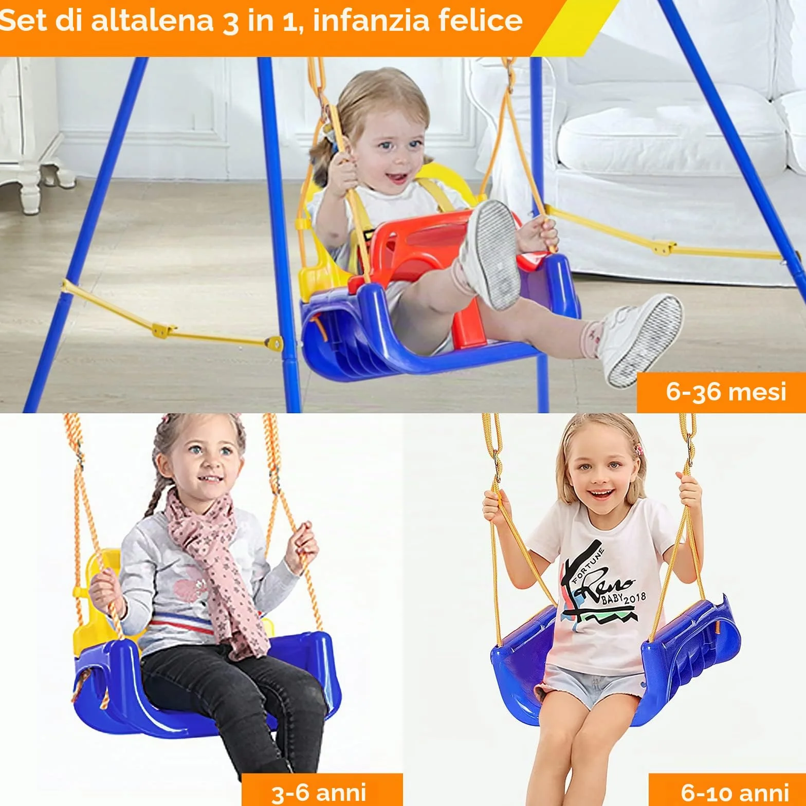 FUNLIO 3-in-1 Altalena per Bambini & 4 Sacchi di Sabbia, Resistente per Cortile, Altalena per Bambini Indoor/Outdoor, Supporto in Metallo Pieghevole e Istruzioni Chiare, Facile da Montare e Conservare
