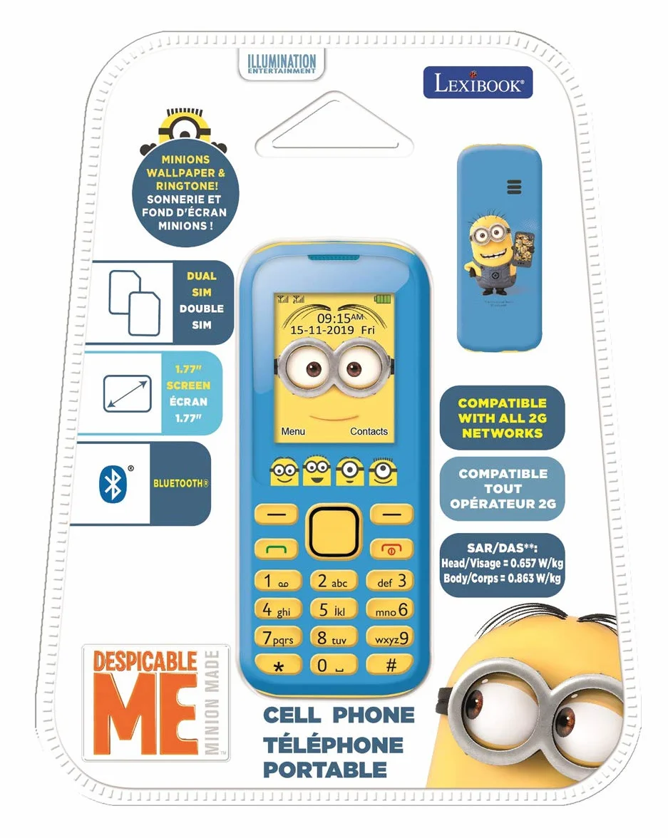 Lexibook, Cattivissimo me Minions, Telefono cellulare 2G, doppia SIM, fotocamera, batteria ricaricabile, giallo/blu, GSM20DES