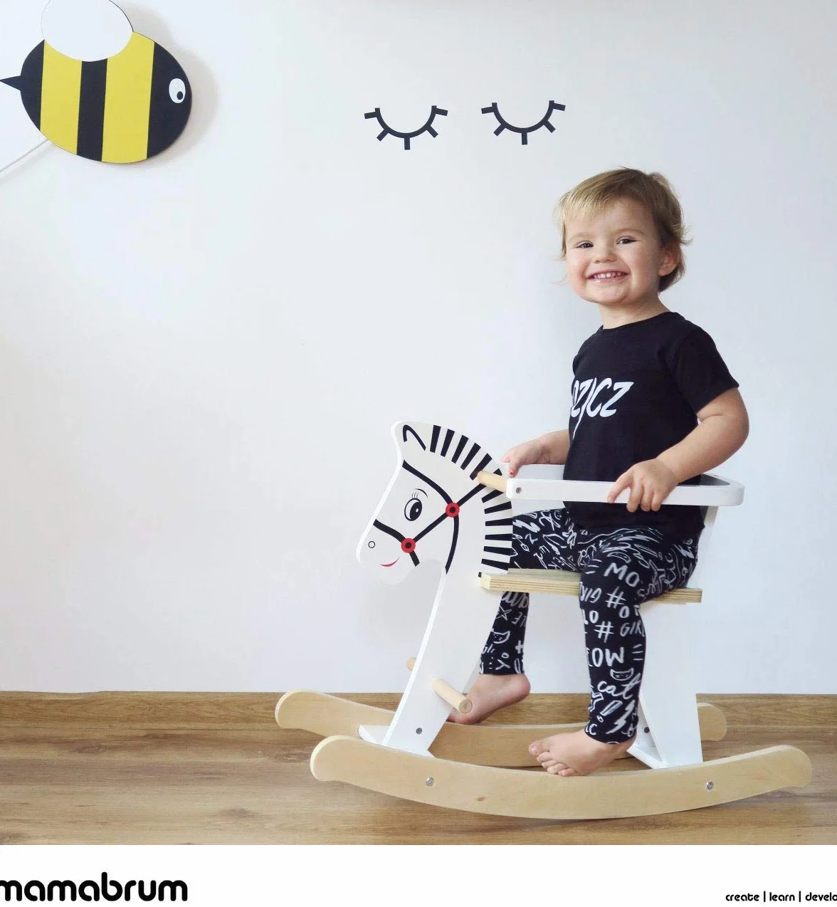 Cavallo a dondolo in legno mamabrum con barriere di sicurezza rimovibili - Giocattolo tradizionale per bambini dai 12 mesi - Alternativa sicura ed ecologica ai giochi da giardino