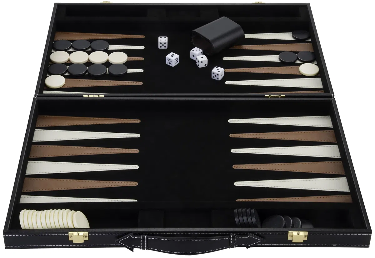 Engelhart - 250504 - Gioco di Backgammon in Legno Deluxe in Custodia Rivestita in Similpelle, 2 Giocatori, 5 Dadi, 2 Tazze e Shuffleboard (Marrone/Avorio 45,7 cm)