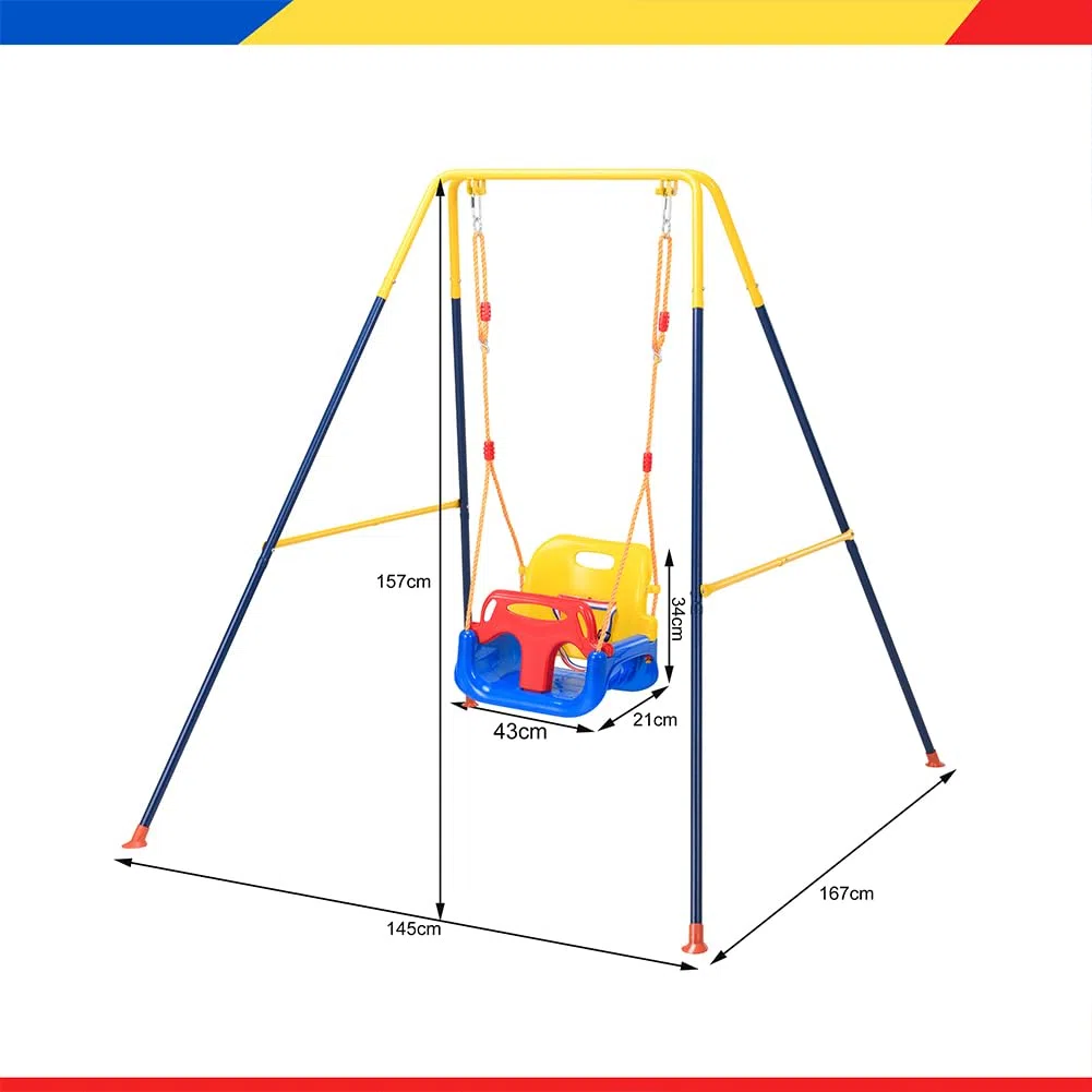 BAKAJI Altalena 3 in 1 per Bambini da Giardino, Resistente con Struttura in Acciaio e 4 Sacchi di Sabbia per Fissaggio Al Terreno, Sediolino con Cinture di Sicurezza e Schienale, Indoor/Outdoor