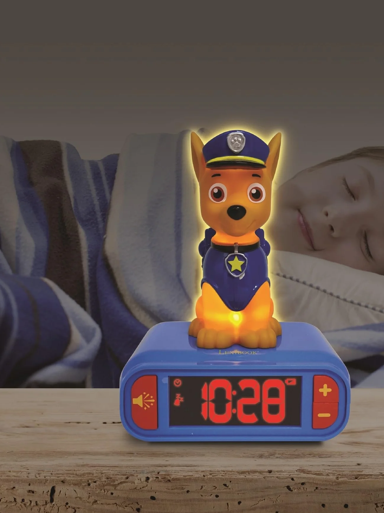 Lexibook - La Squadra dei Cuccioli Sveglia Digitale con Luce Notturna Snooze e Suoni, Orologio, Chase Luminoso Paw Patrol Marshall Cane - Blu/Rosso - RL800PALXB