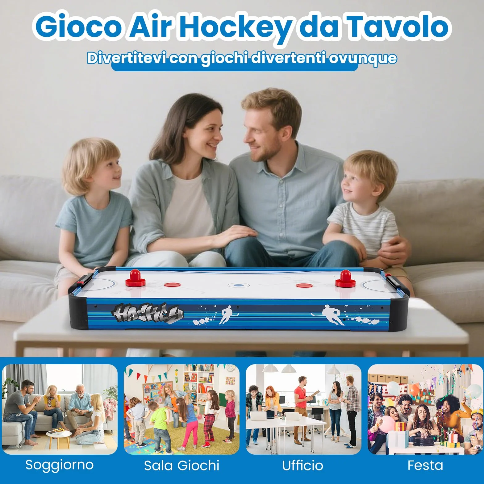 COSTWAY Tavolo da Air Hockey, con 12V Motore Elettrico Potente, 2 Dischi e 2 Spintori, Air Hockey da Tavolo per Sala Giochi Casa Ufficio, 108x50,5x10 cm