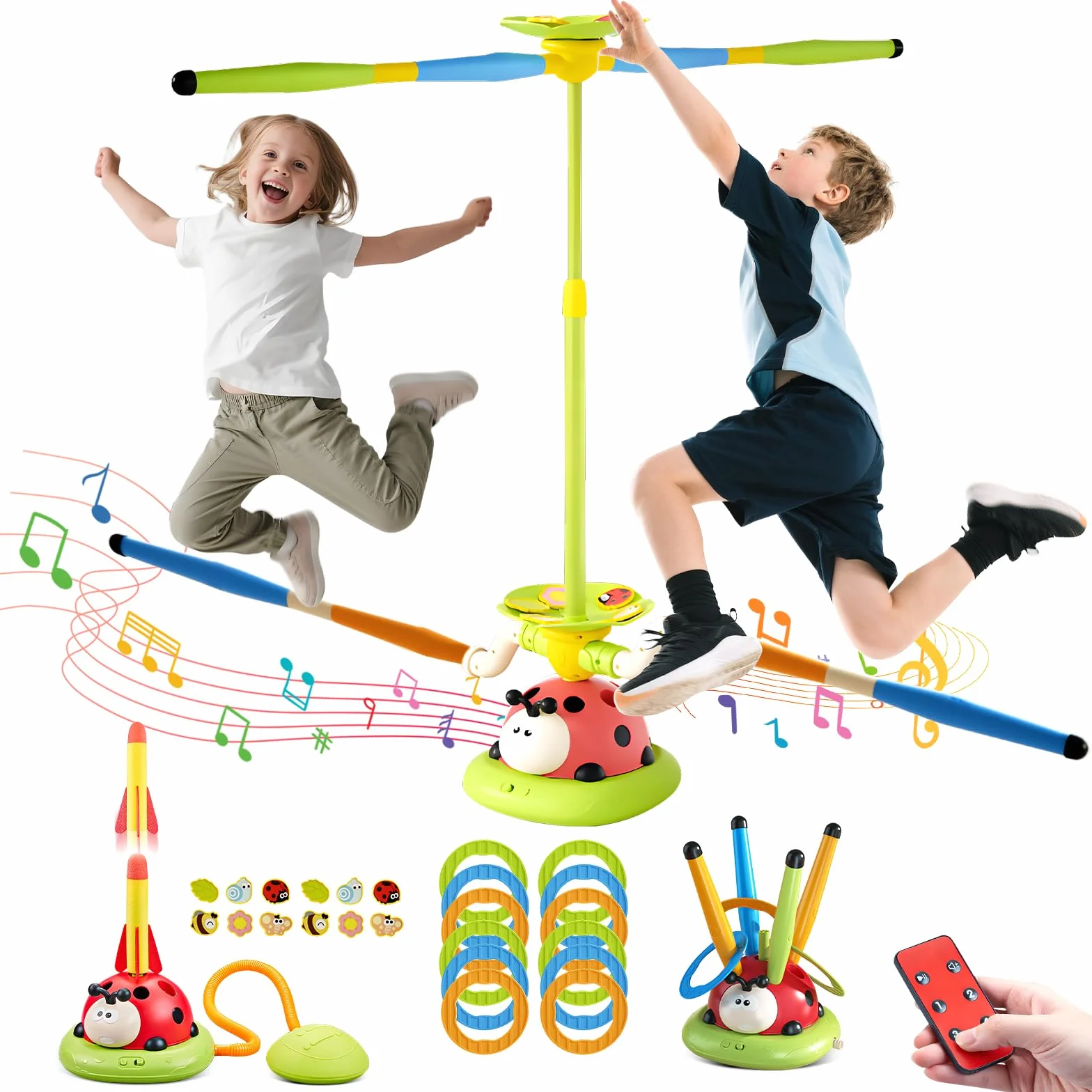 RoserRose 5 in 1 Giochi da Giardino per Bambini, Spara Razzi, Corda per Saltare, Lancio Anelli, Schivata e Salto, Giochi da Esterno con Telecomando, Giocattolo per Bambini 3 4 5 6 7 8 Anni