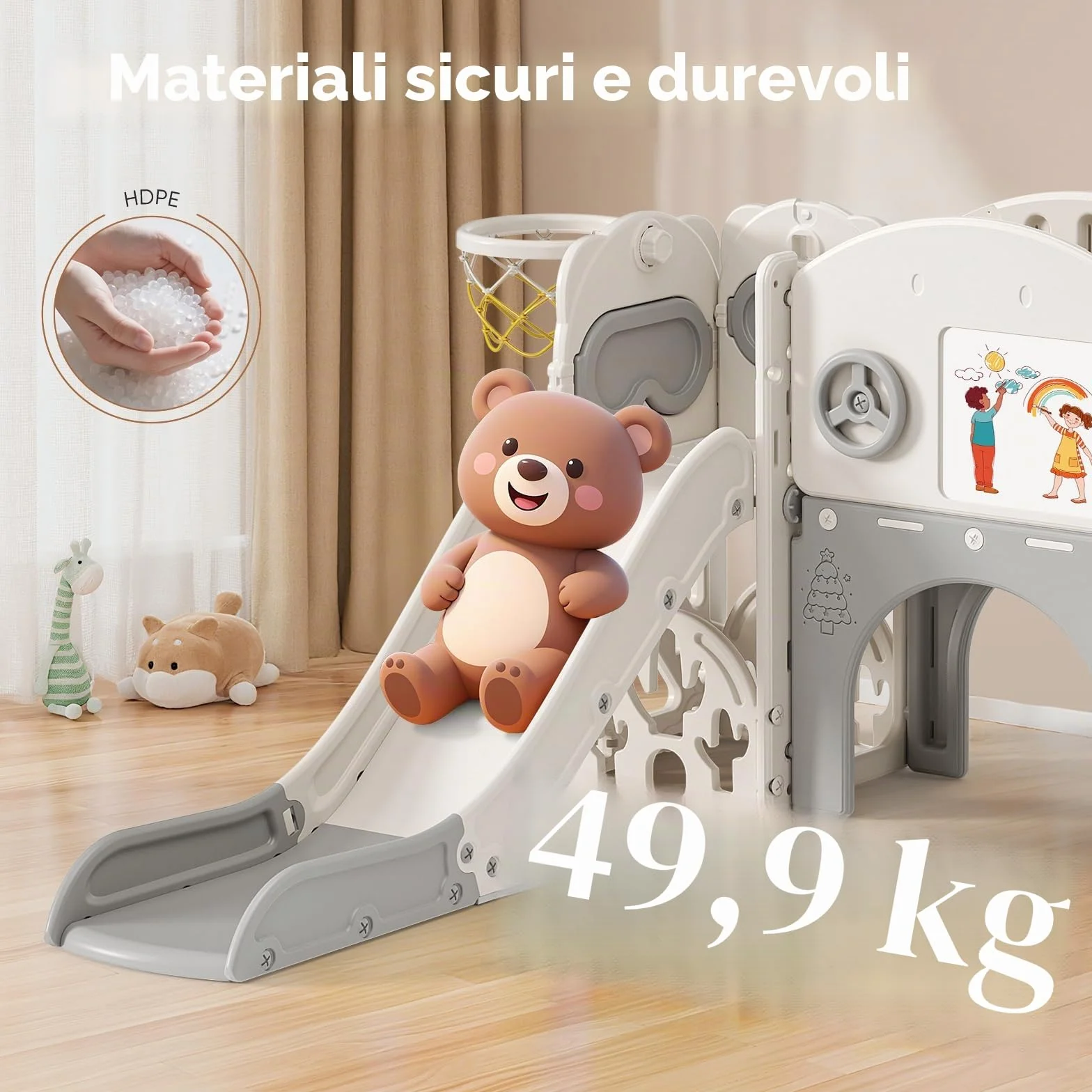 Scivolo per bambini 11 in 1, scivolo per bambini da interno ed esterno con canestro da grande con cestino da basket, telaio da arrampicata per giardino, spazio di archiviazione