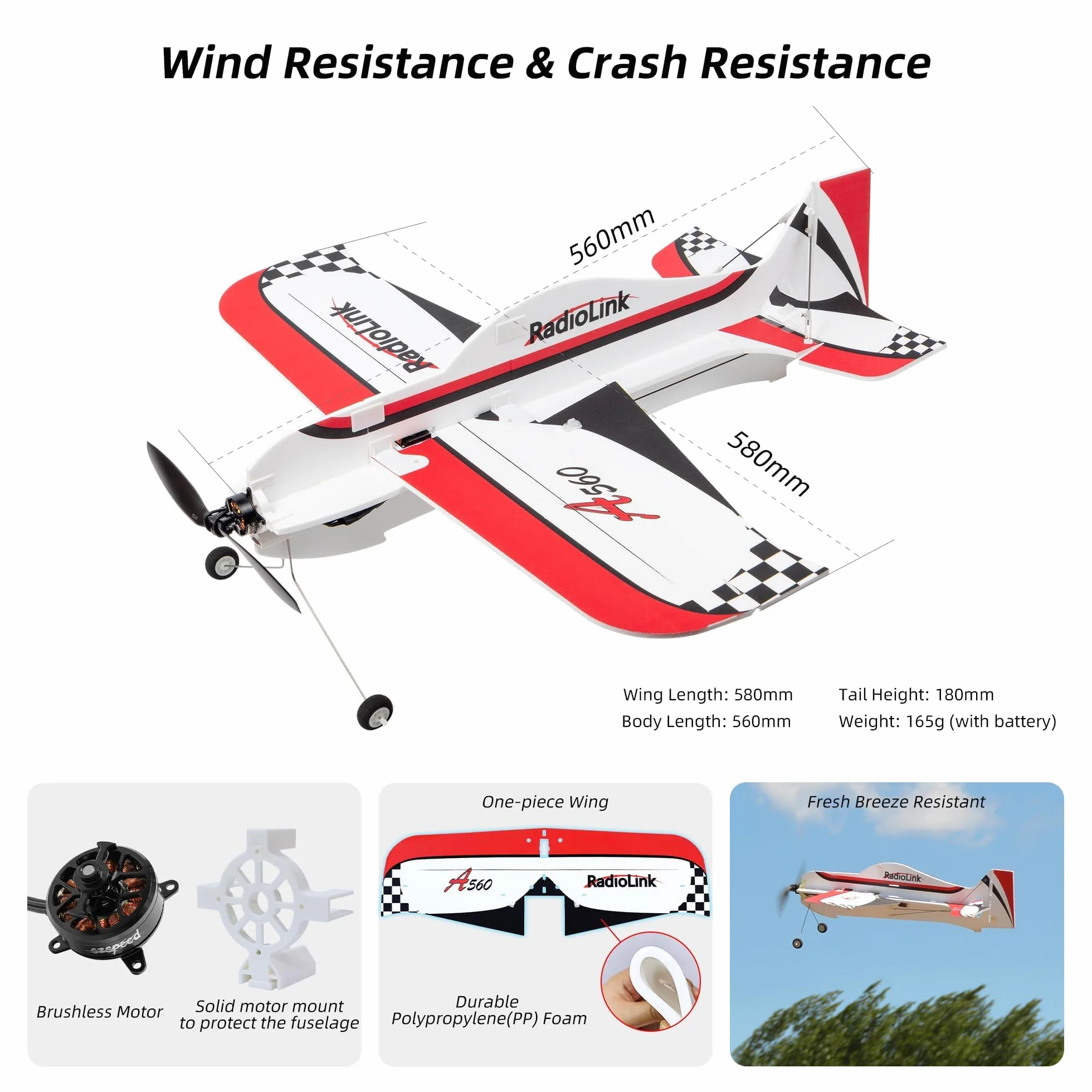 Radiolink A560 pronto a volare (RTF) RC Gyro Airplane 4 canali FC con 6 modalità di volo, dotato di 2.4Ghz T8S, motore brushless e PP Foam, facile da volare per i principianti e l'esperienza
