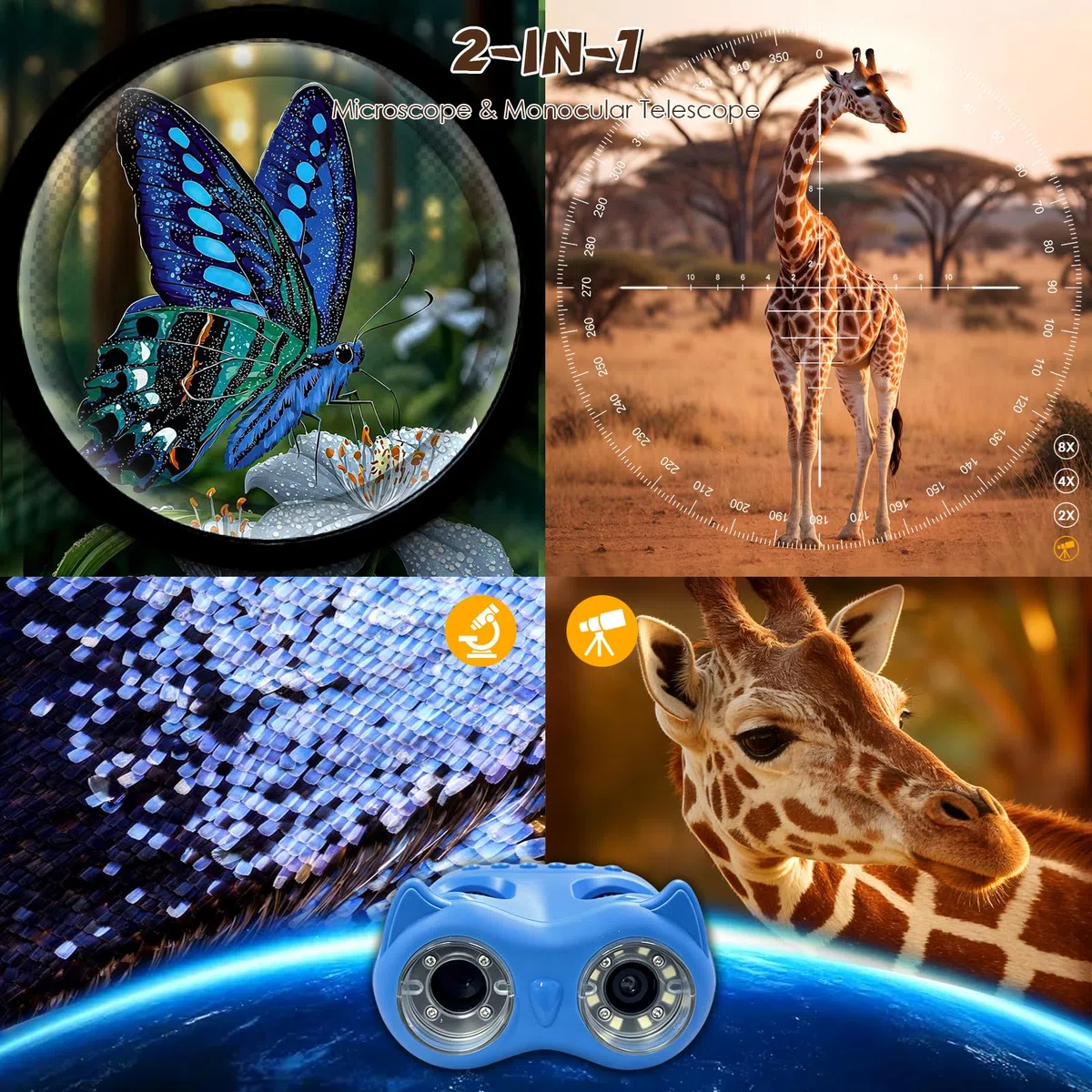 ARNSSIEN 2 in 1 Microscopio Bambini e Telescopio,1000x Microscopio Portatile Bambini & Telescopio10X, Foto/Video 1080P, Kit Scientifico STEM, Regalo Educativo/di Compleanno per Bambino da 3 a 12 Anni