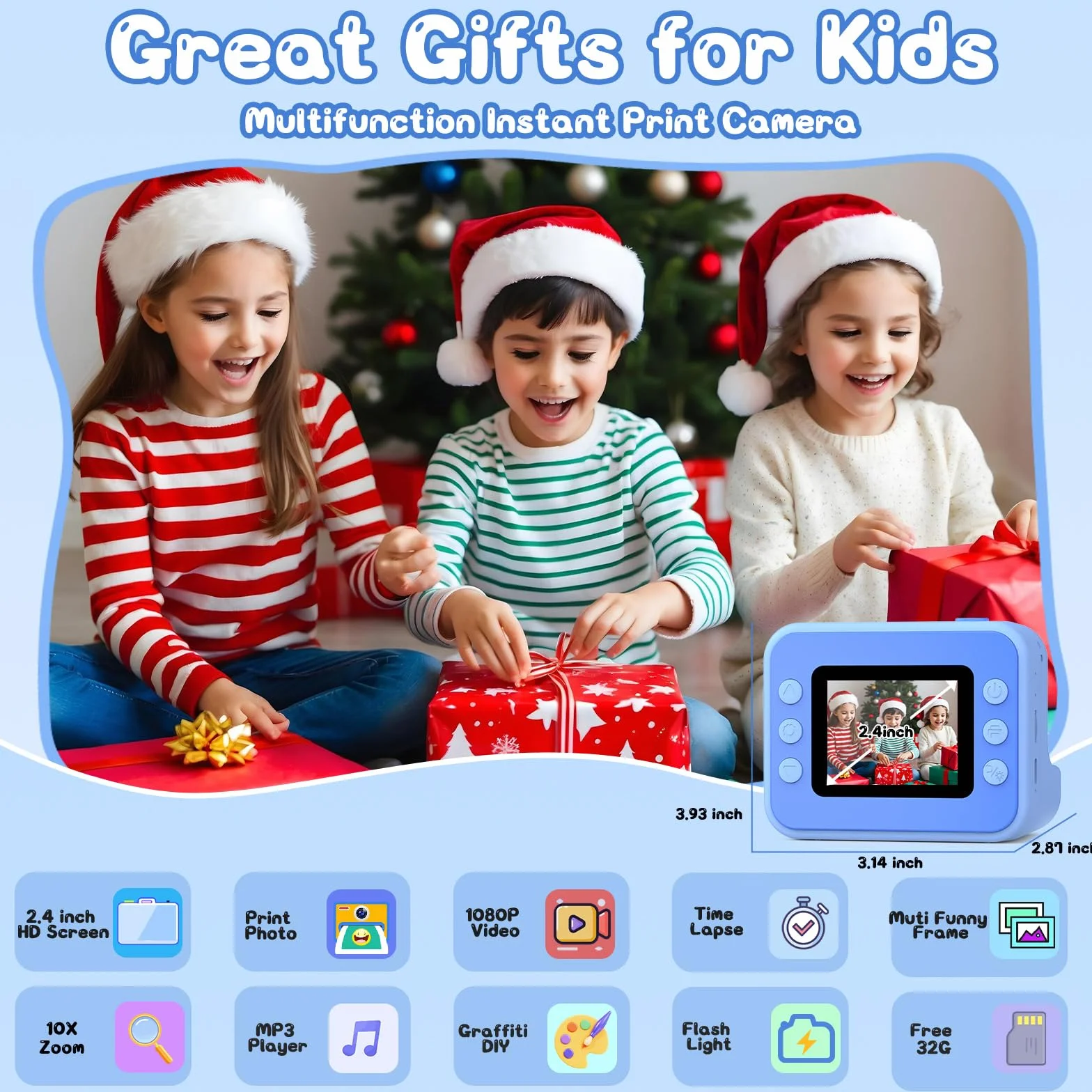Hangrui Macchina Fotografica Bambini Istantanea, 2,4 Pollici Fotocamera Istantanea Bambini con 32G Scheda,20MP/1080P Fotocamera Digitale,Giocattolo Regalo per Ragazze Ragazzi dai 3-10 Anni-Blu