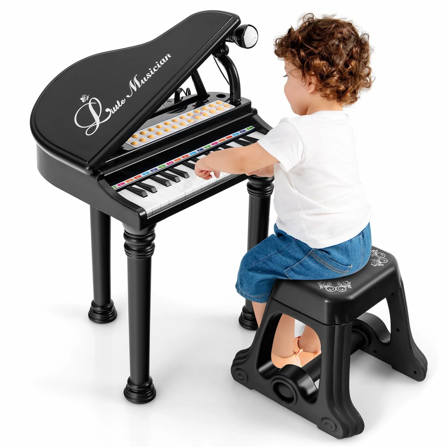 RELAX4LIFE Pianoforte per Bambini con 31 Tasti e Sgabello, Tastiera Pianoforte Elettronico con Microfono Regolabile, Giocattolo Musicale Regalo per Bambini 3+ Anni (Nero)