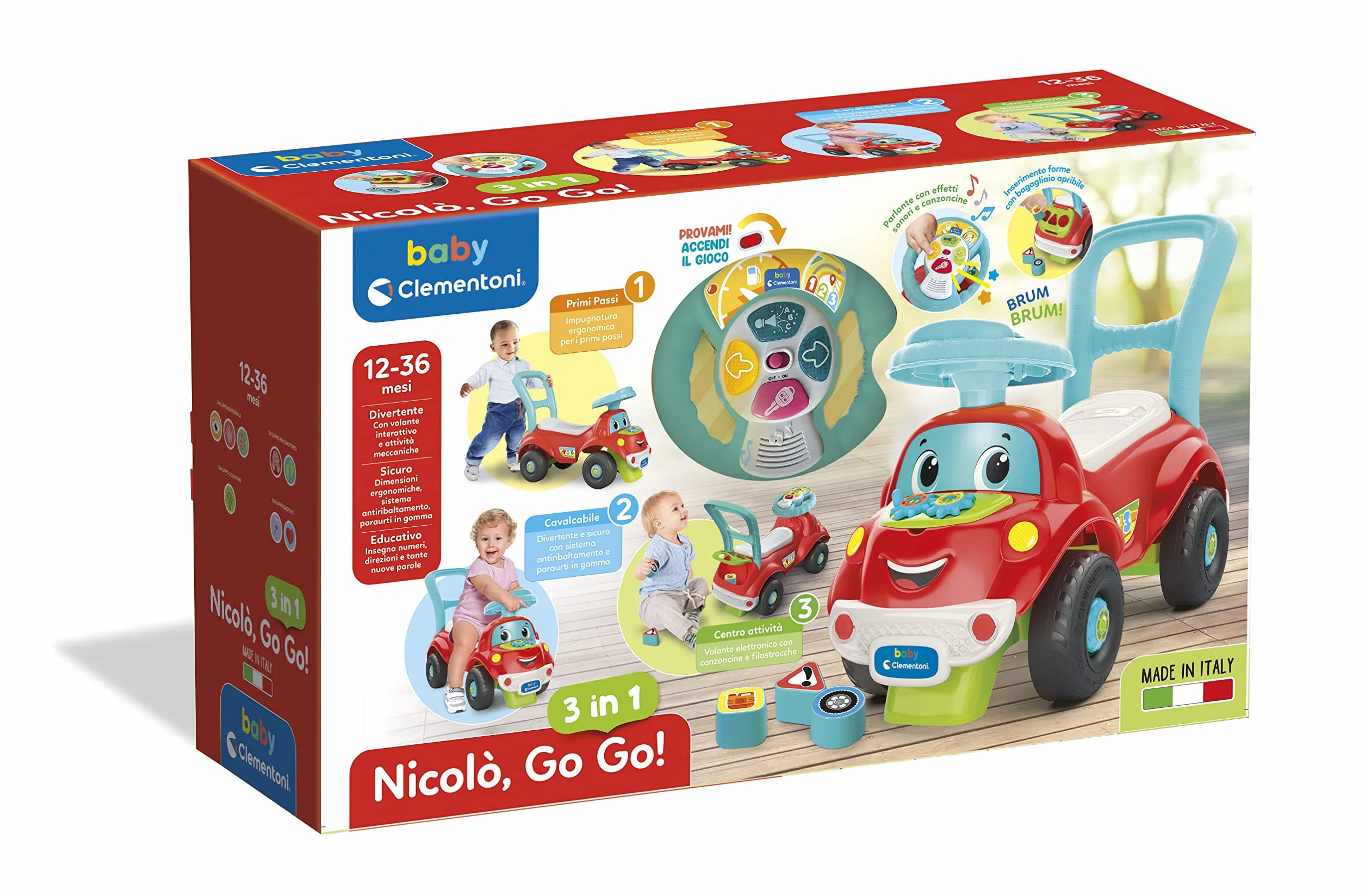 Clementoni Baby Nicolò Go Go 3 in 1, Macchinina Bambino 1 Anno, Gioco Prima Infanzia Primi Passi, Cavalcabile e Centro Attività Italiano e Inglese, Stimola Motilità e Curiosità, Made in Italy, 17747