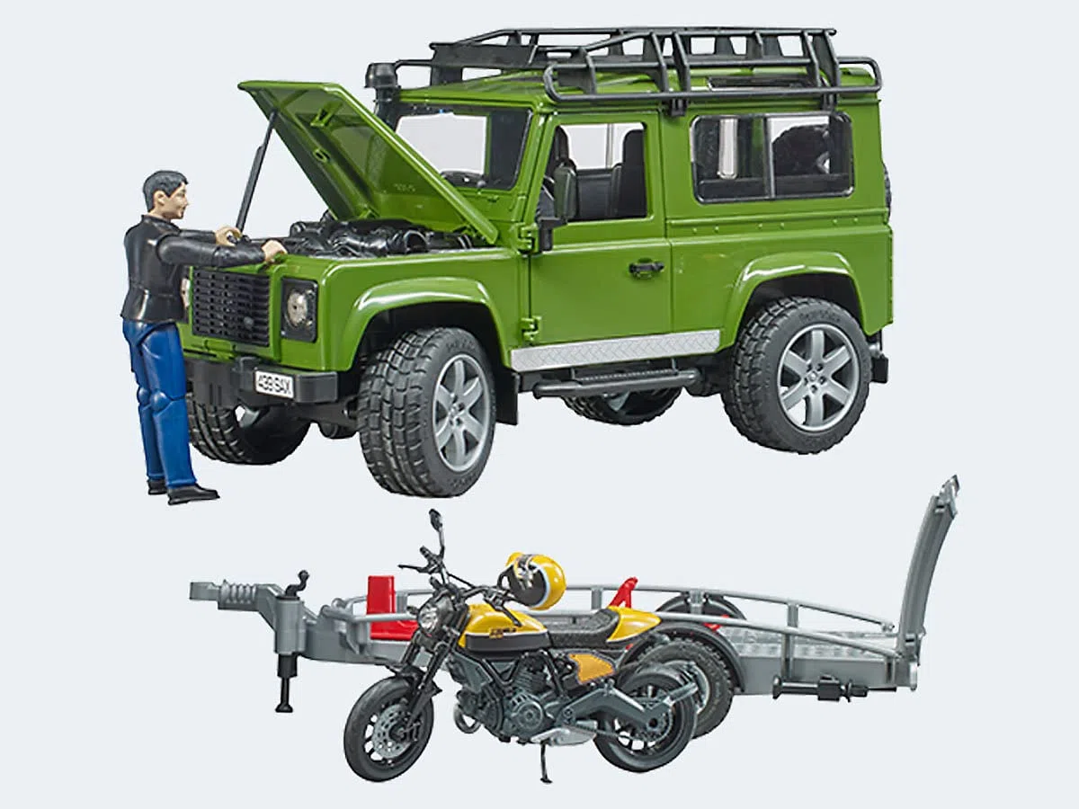bruder 02589 - Land Rover Defender con rimorchio, Scrambler Ducati Full Throttle, autista, fuoristrada, jeep, moto