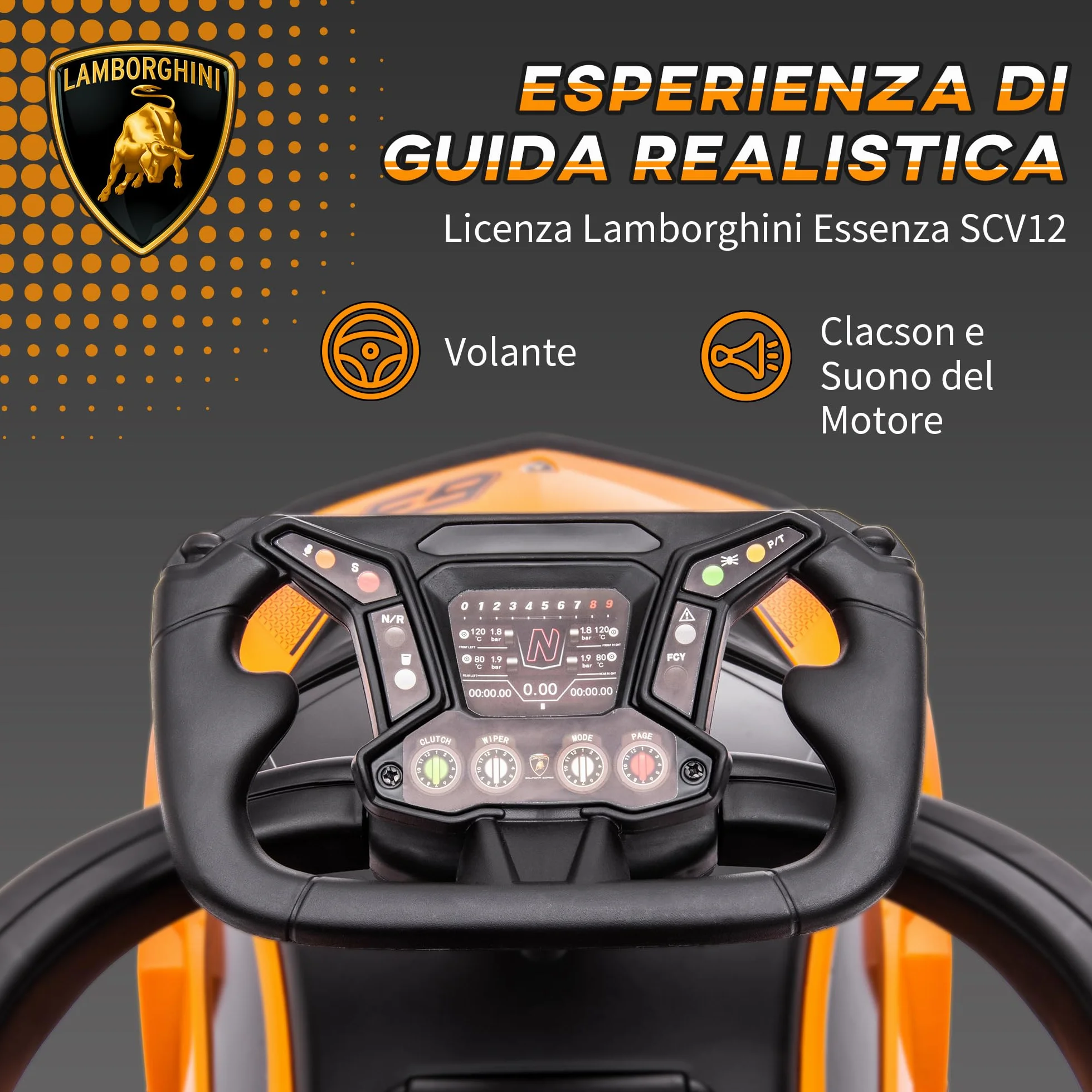 AIYAPLAY Lamborghini Macchinina per Bambini 2 in 1 con Maniglione e Barriera di Sicurezza, Volante e Clacson, Auto per Bambini in PP e Metallo, 86.5x40x89.5 cm, Arancione e Nero