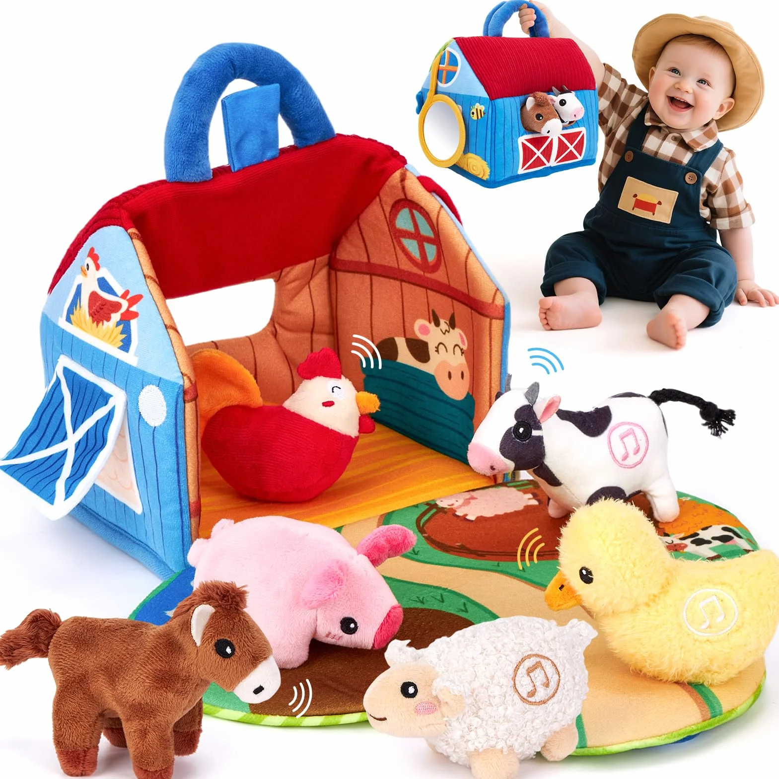 hahaland Giochi Bambini 1 anno - Fattoria Sonora in Peluche, con 6 Animali Morbidi e Suoni Realistici, Gioco Educativo Bambino Montessori Sensoriale Regalo 6 12 18 mesi