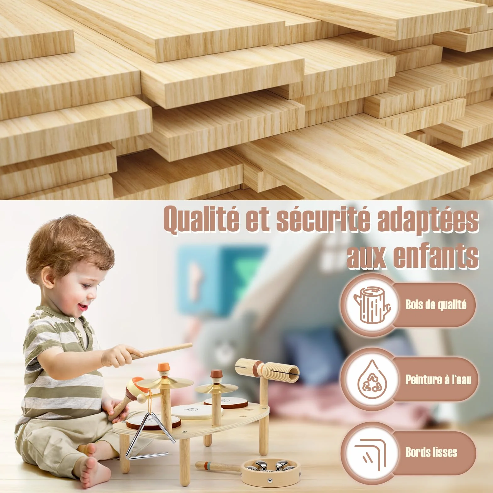 Vanplay Batteria in legno, strumenti musicali per bambini a partire da 1 anno con 3 tamburi e sonaglio a sonagli, tamburo giocattolo musicale per bambini, giocattolo Montessori da 1 anno