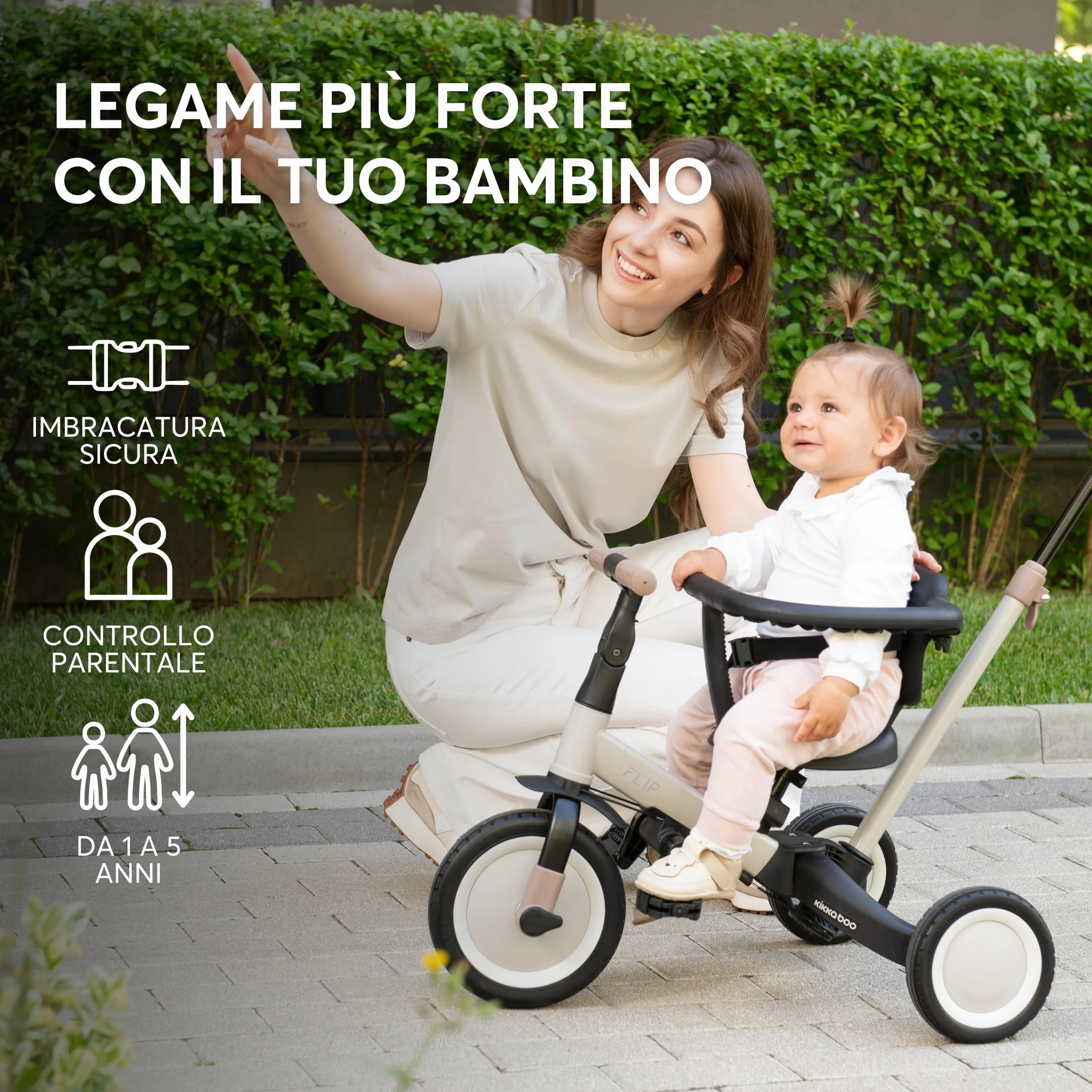 KikkaBoo Triciclo Evolutivo 5 in 1 per Bambini da 1 a 5 Anni FLIP, Triciclo Passeggino con Maniglione Regolabile, Con o Senza Pedali, Trasformabile in Bicicletta, Verde militare