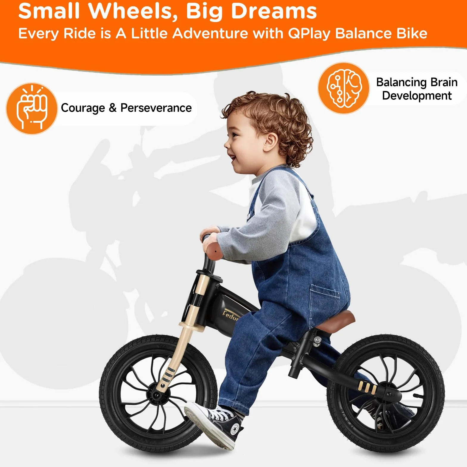 QPLAY Balance Bike Feduro Bicicletta senza pedali per bambini da 3 a 6 anni, bici d'equilibrio con sella regolabile in altezza, ruote da 12 pollici a camera d'aria all terrain, fino 30 kg