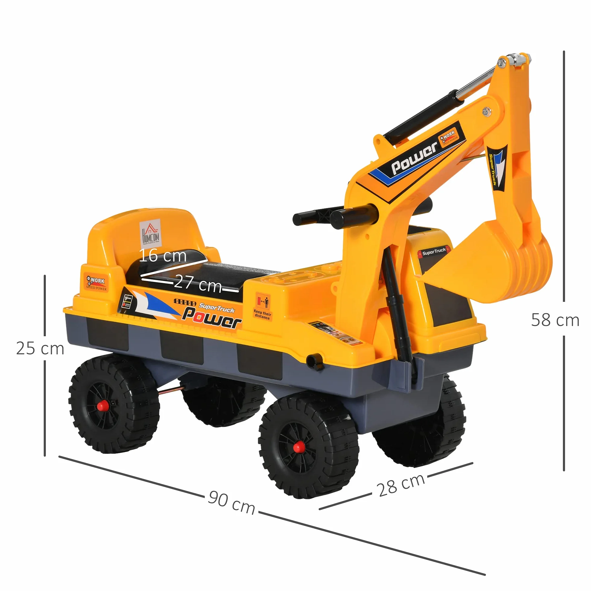 HOMCOM Ruspa Giocattolo 2 in 1 con Escavatore e Mordente, Vano Nascosto, Gioco Cavalcabile Bambini 2-3 Anni, 90x28x58cm, Giallo