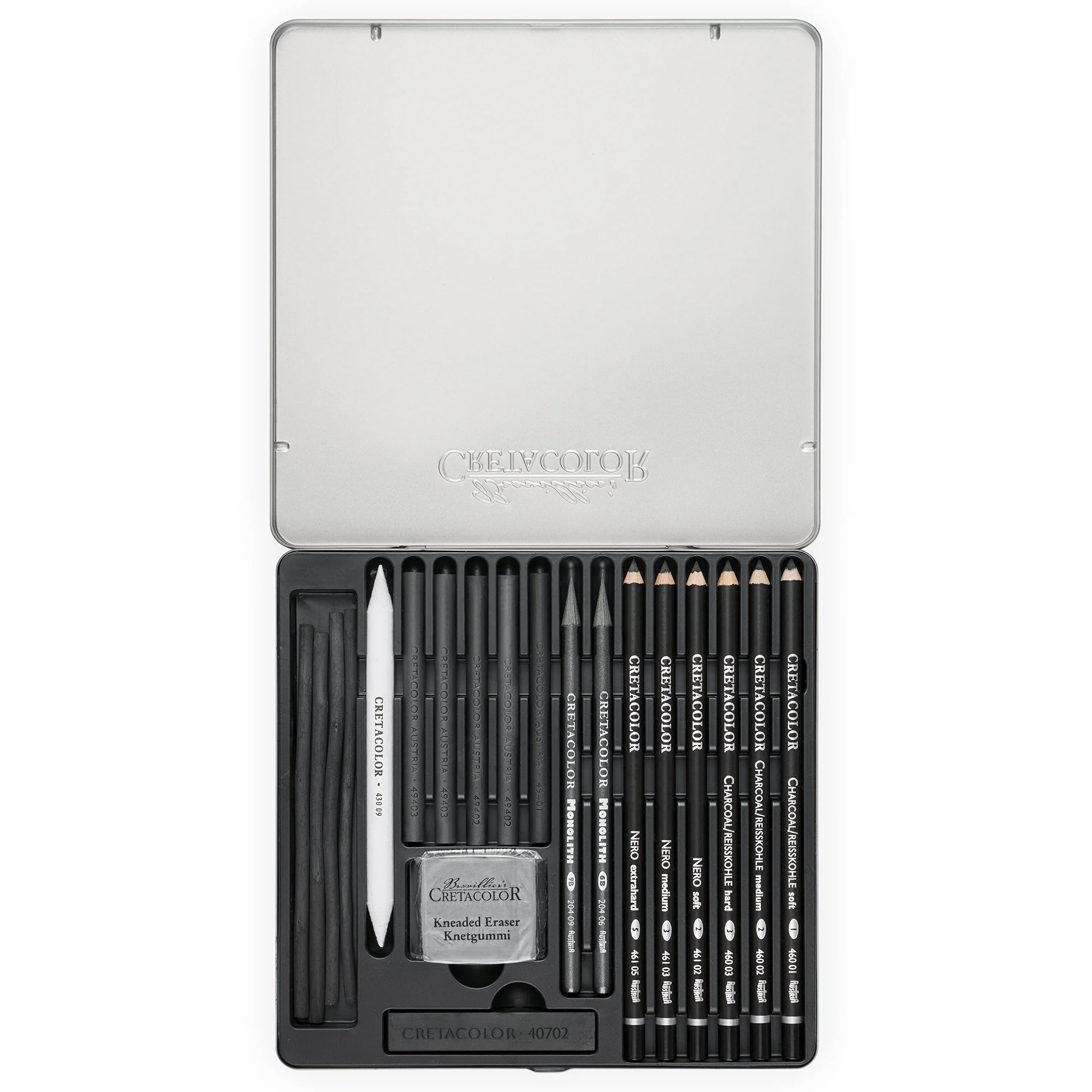 CRETACOLOR Black Box carboncino, set da 20 pezzi per carboncino e disegno, vari materiali da disegno, incl. gomma, varie gradazioni, sbavabile, colorabile con acqua
