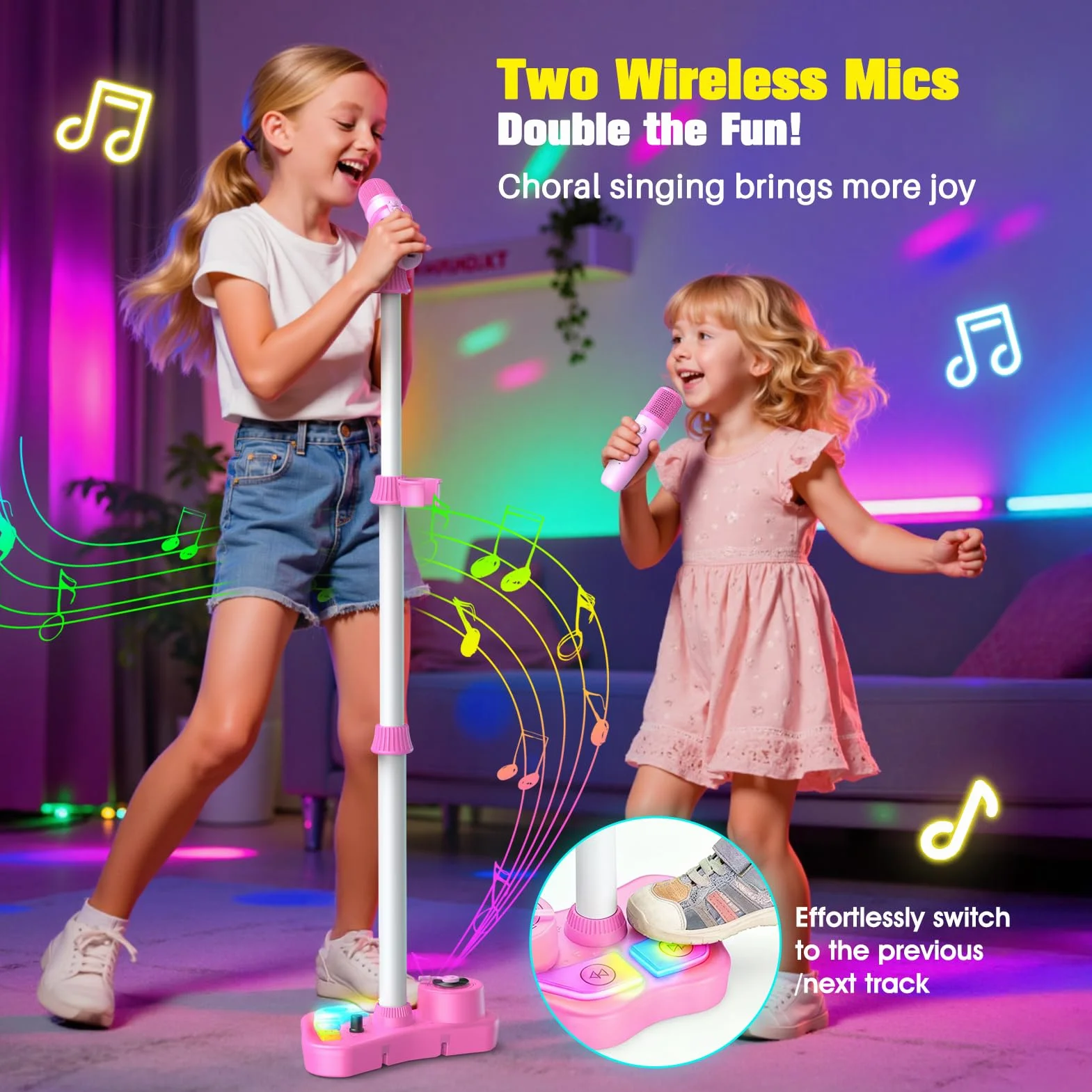 Microfono Giocattolo Musicale con Luci LED Altoparlante Bluetooth Supporto Regolabile 47-108 cm Rosa