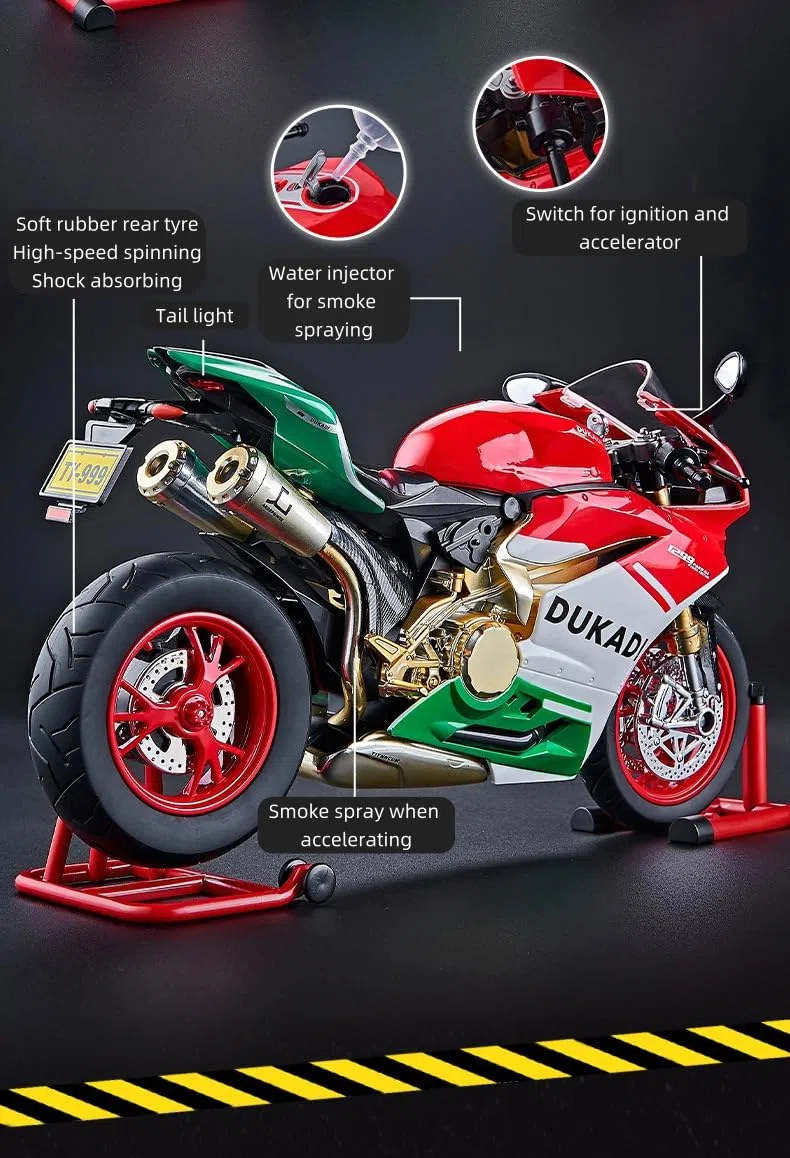 Modellino di motocicletta pressofuso in scala 1:9, caratteristiche interattive con effetti sonori, luci e parti mobili (rotazione della ruota posteriore), spruzzatura di fumo simulato (1:9 rosso+verde
