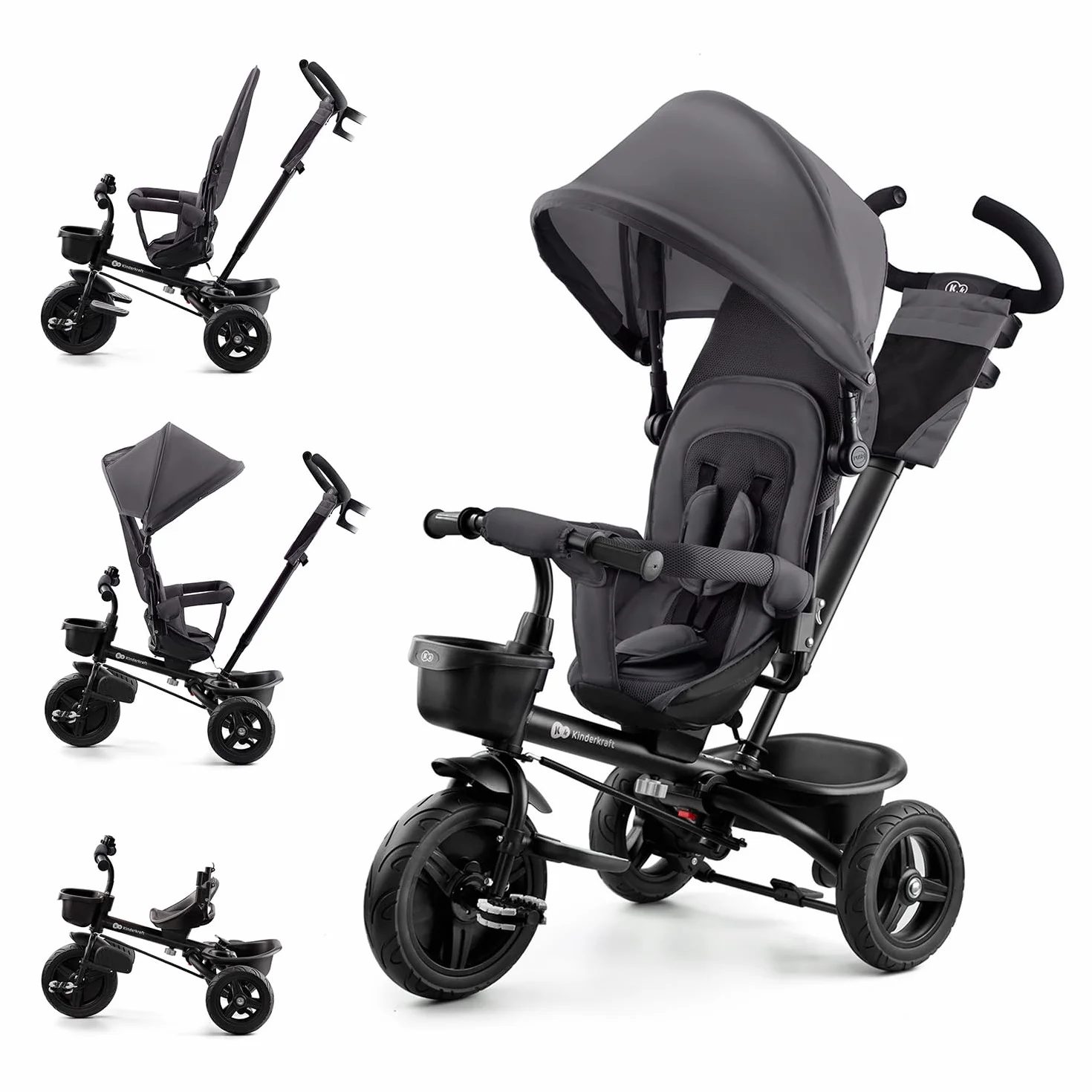Kinderkraft AVEO Triciclo bambini dai 9 Mesi fino 25 kg, Passeggino con Maniglione del Genitore regolabile, Bici, Compatto pieghevole, Sedile girevole Fronte Mamma e Strada, Ruota libera, Grigio