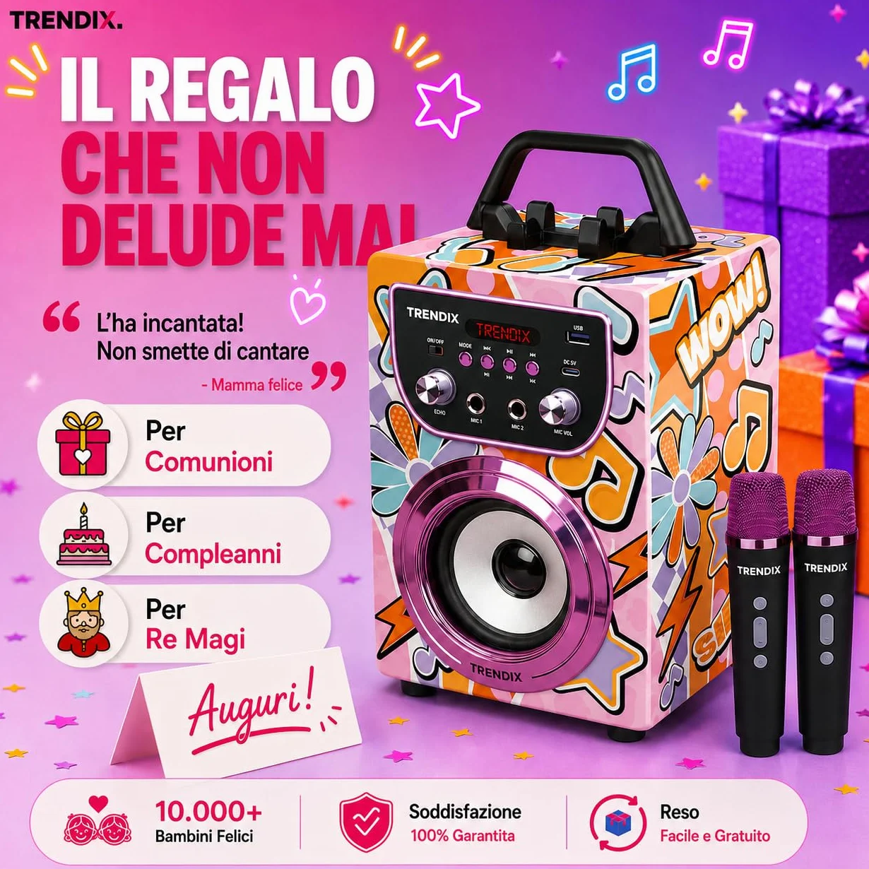 Trendix - Karaoke Per Bambini Magic Melody | Cassa Bluetooth Con Microfono, Radio Fm, Usb | Cassa Karaoke Con 2 Microfoni | 2 Microfoni Bluetooth | Regalo