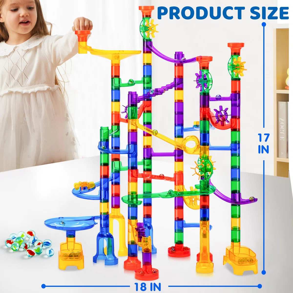 JOYIN - Set di Giocattoli in Marble Run (170 Pezzi), Giocattolo educativo per Costruzione (120 Pezzi in plastica + 50 Marmi di Vetro)