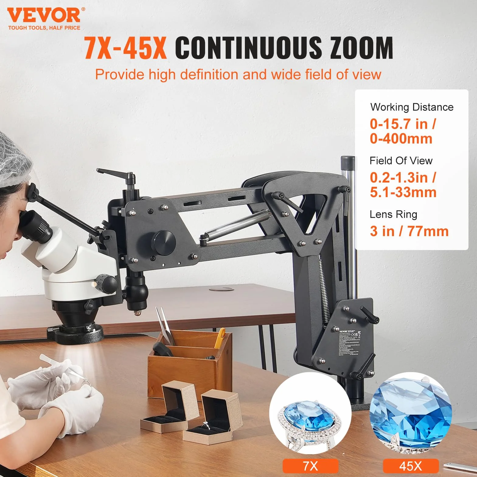 VEVOR Microscopio Multidirezionale con Staffa Molla, Microscopio con Ingrandimento 7X-45X, per Micro Gioielli Intarsiati con Luce LED Anello USB Integrata