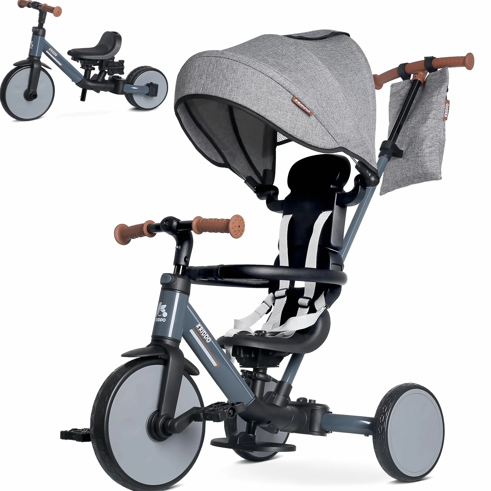 KRIDDO Triciclo evolutivo 8 in 1 per bambini 18 mesi-5 anni, Triciclo passeggino con maniglione, triciclo e bici senza pedali, cintura a 5 punti, cappottina pieghevole e borsa portaoggetti, Grigio