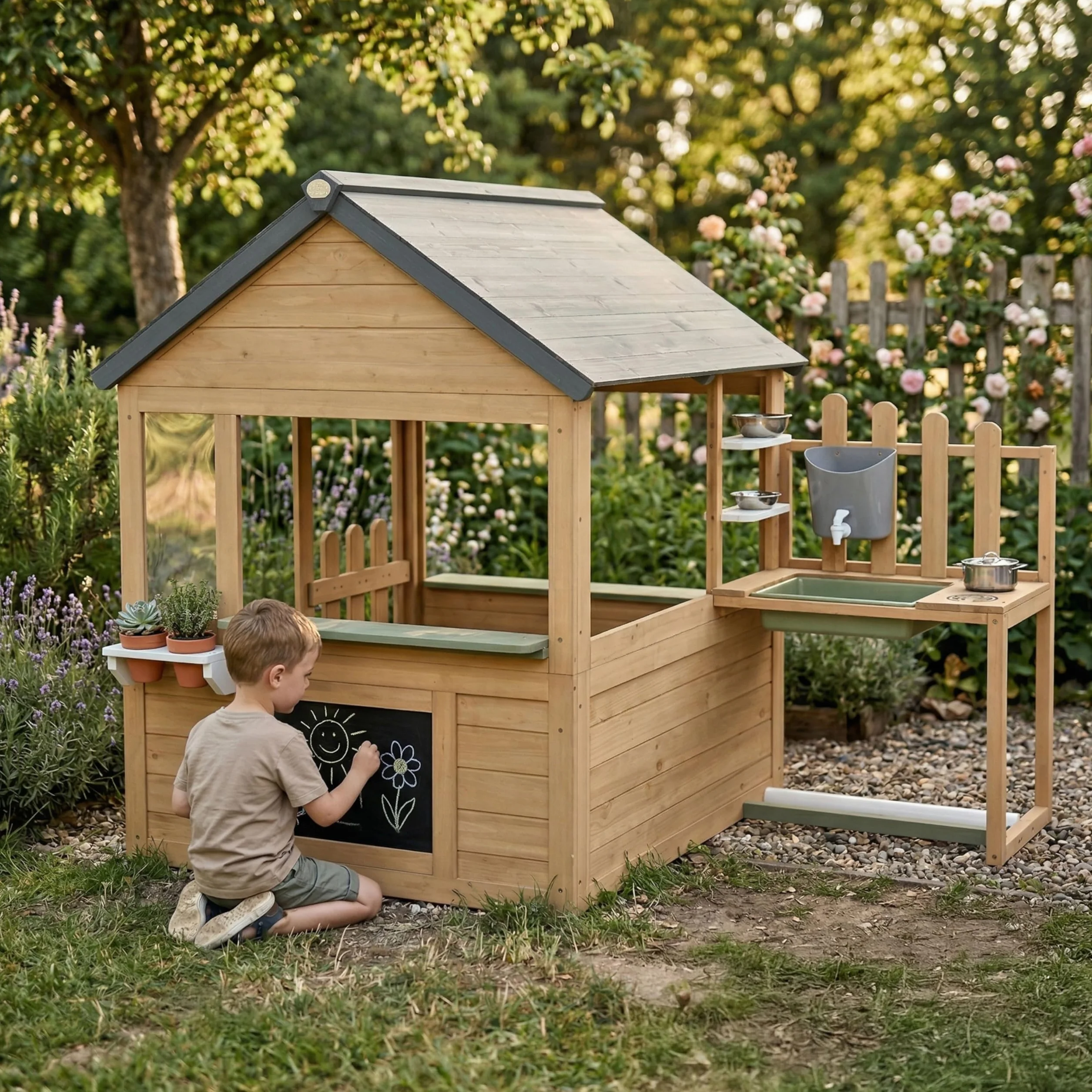 AXI Lizz Casetta per bambini in legno Marrone/Antracite con cucina giocattolo integrata