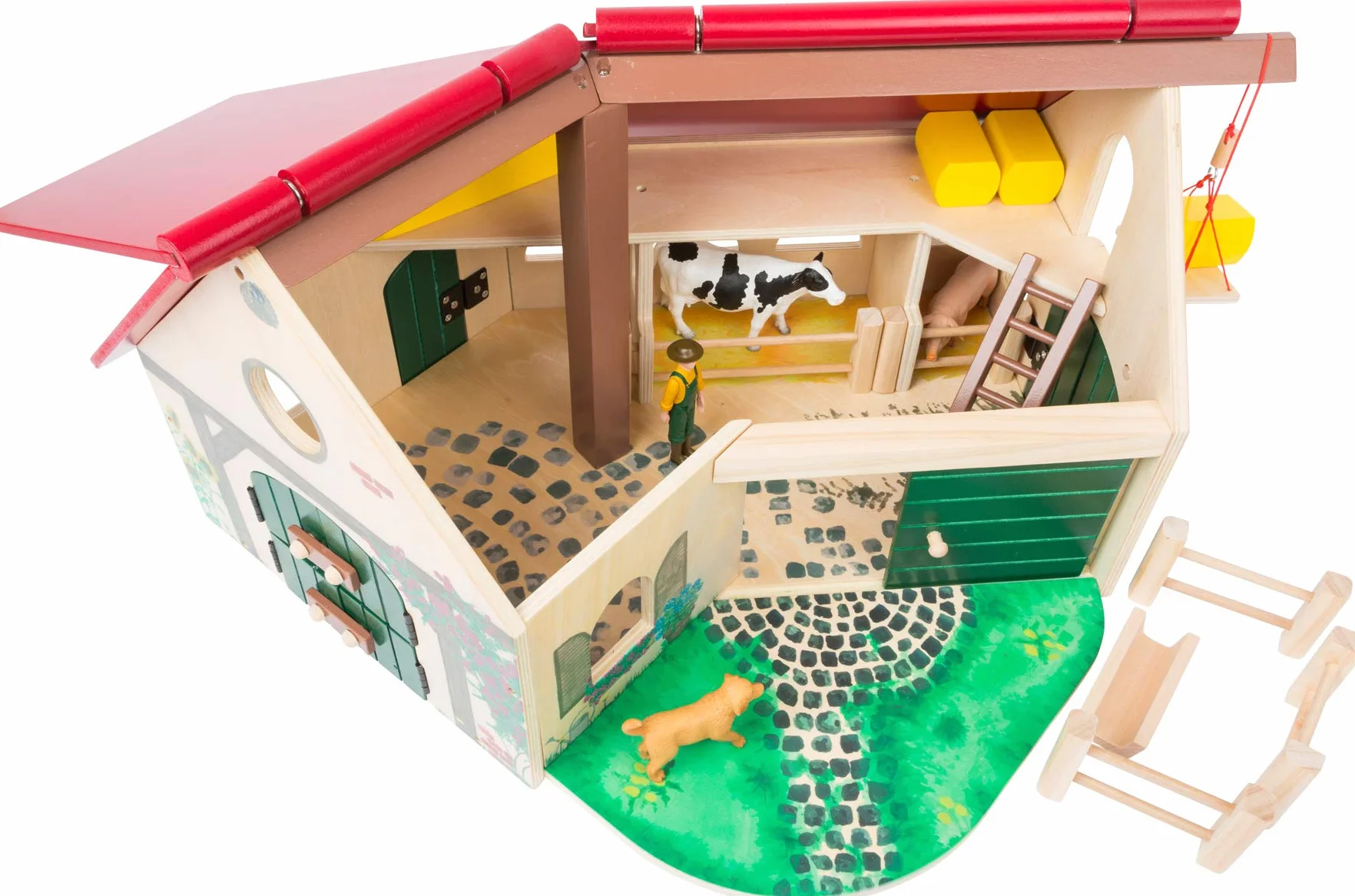 WoodFriends 11005 Azienda agricola in legno con animali, recinto, recinto, gru, scala e contadino, a partire dai 3 anni di età