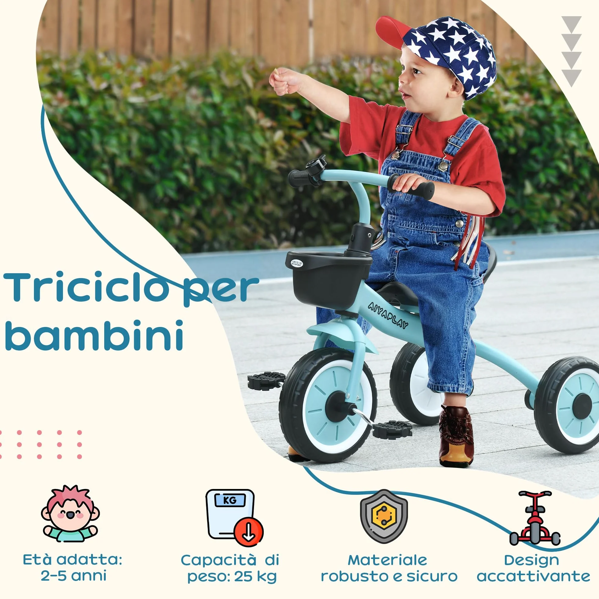 AIYAPLAY Triciclo per Bambini da 2-5 Anni con Seduta Regolabile, Bicicletta per Bambini con Cestino e Campanello, 70.5x53x58 cm, Blu