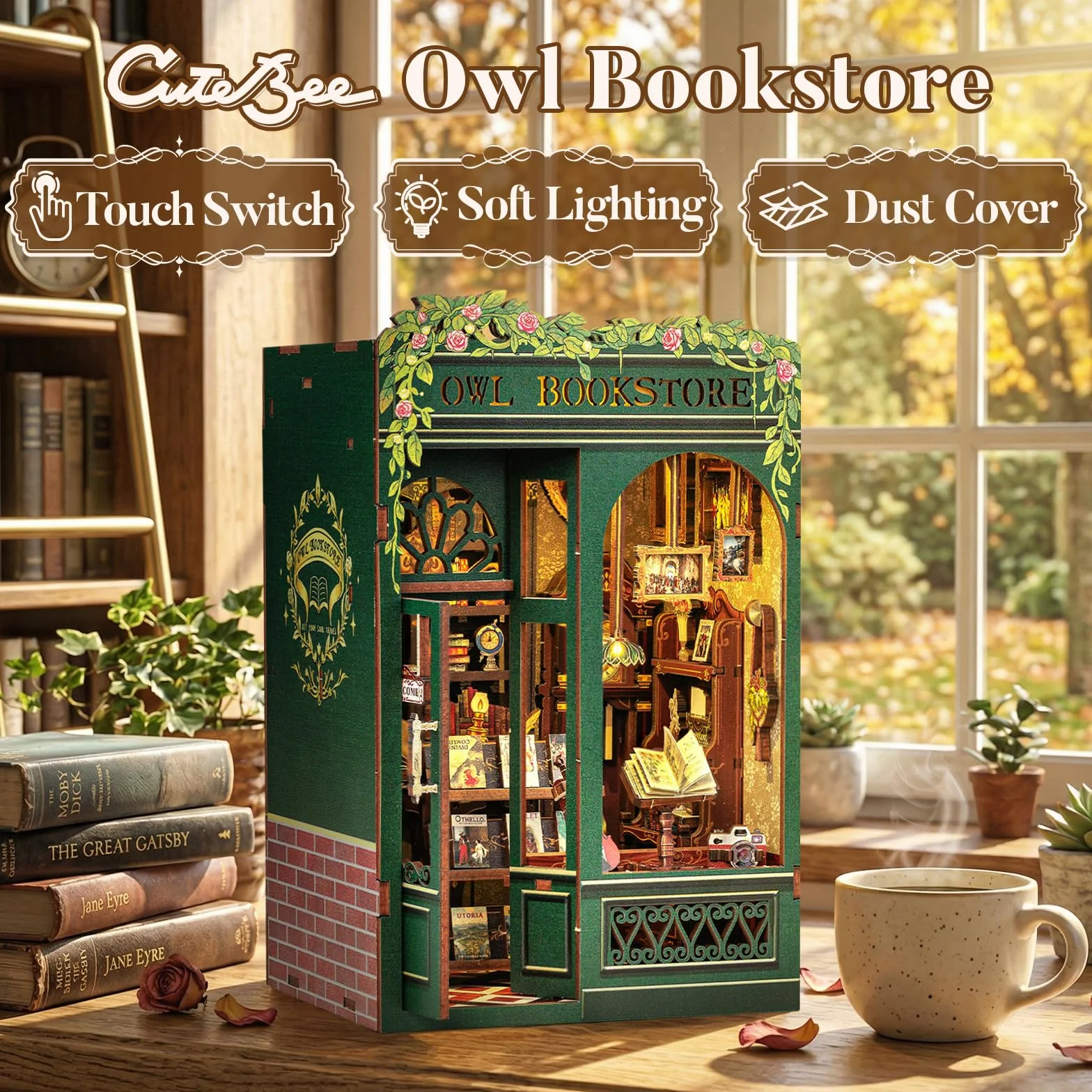 CUTEBEE Book Nook Kit - Casa Bambole in Miniatura da Costruire, Own Bookstore Booknook Puzzle in Legno 3D, Set Creativo per la Decorazione della Libreria, Regali per Familiari e Amici