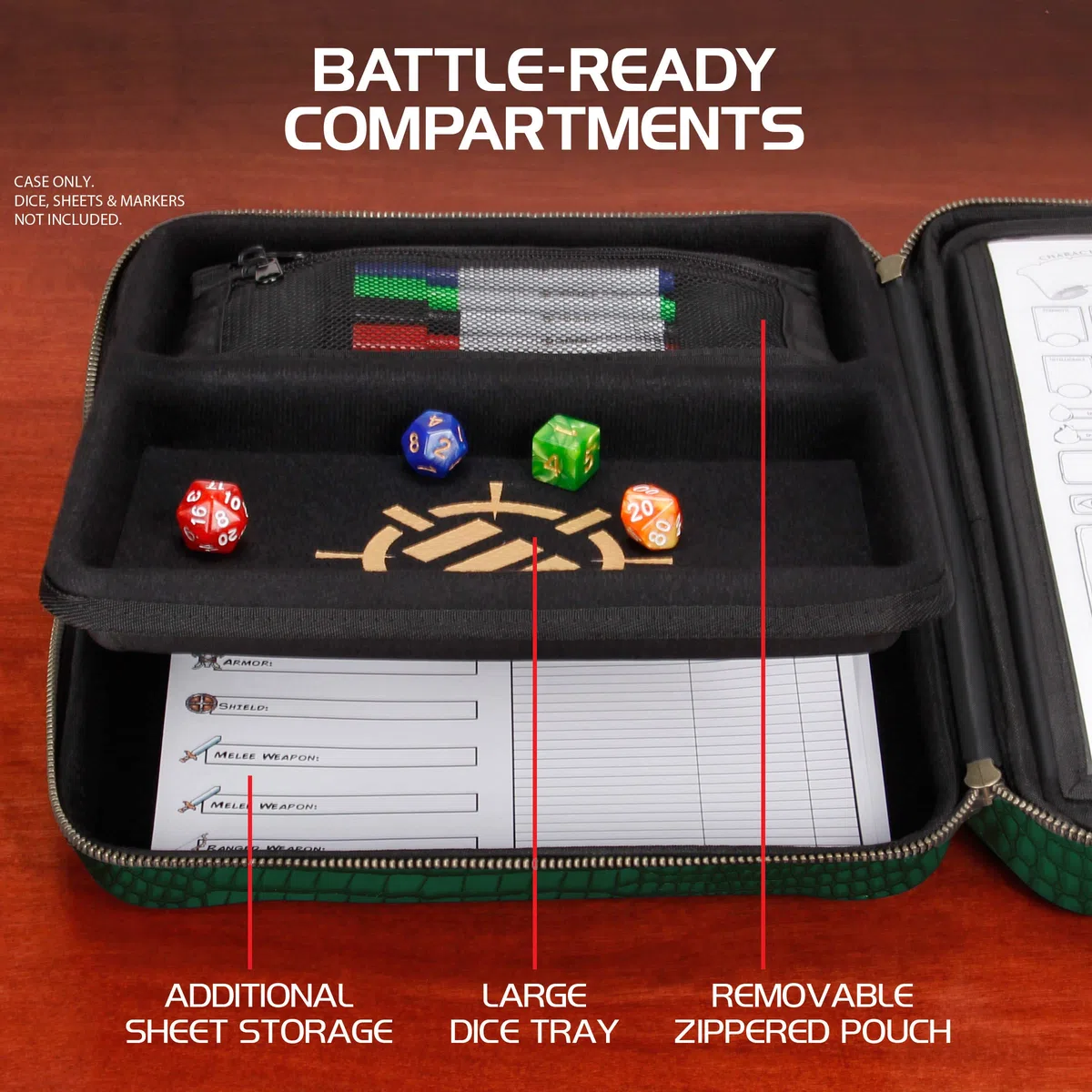 ENHANCE Custodia Organizer per Giochi di Ruolo in Edizione da Collezione - Raccoglitore DND con Supporto per Fogli di Personaggi Integrato e Pannello per Scriba Cancellabile (Dragon Verde)