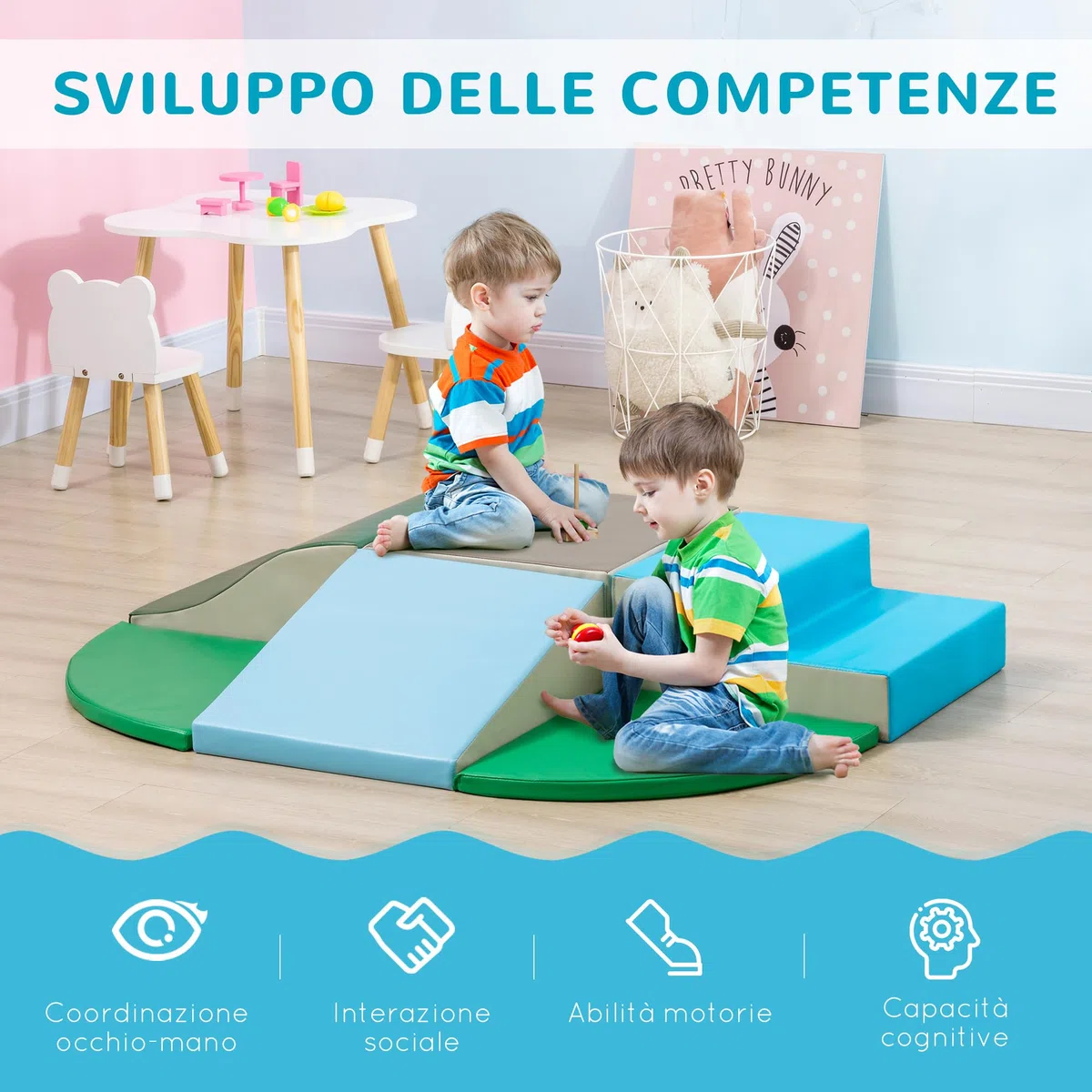 HOMCOM Set da Gioco per Bambini 1-3 Anni 6 Costruzioni Blocchi Morbidi PU EPE Verde Beige Grigio Blu