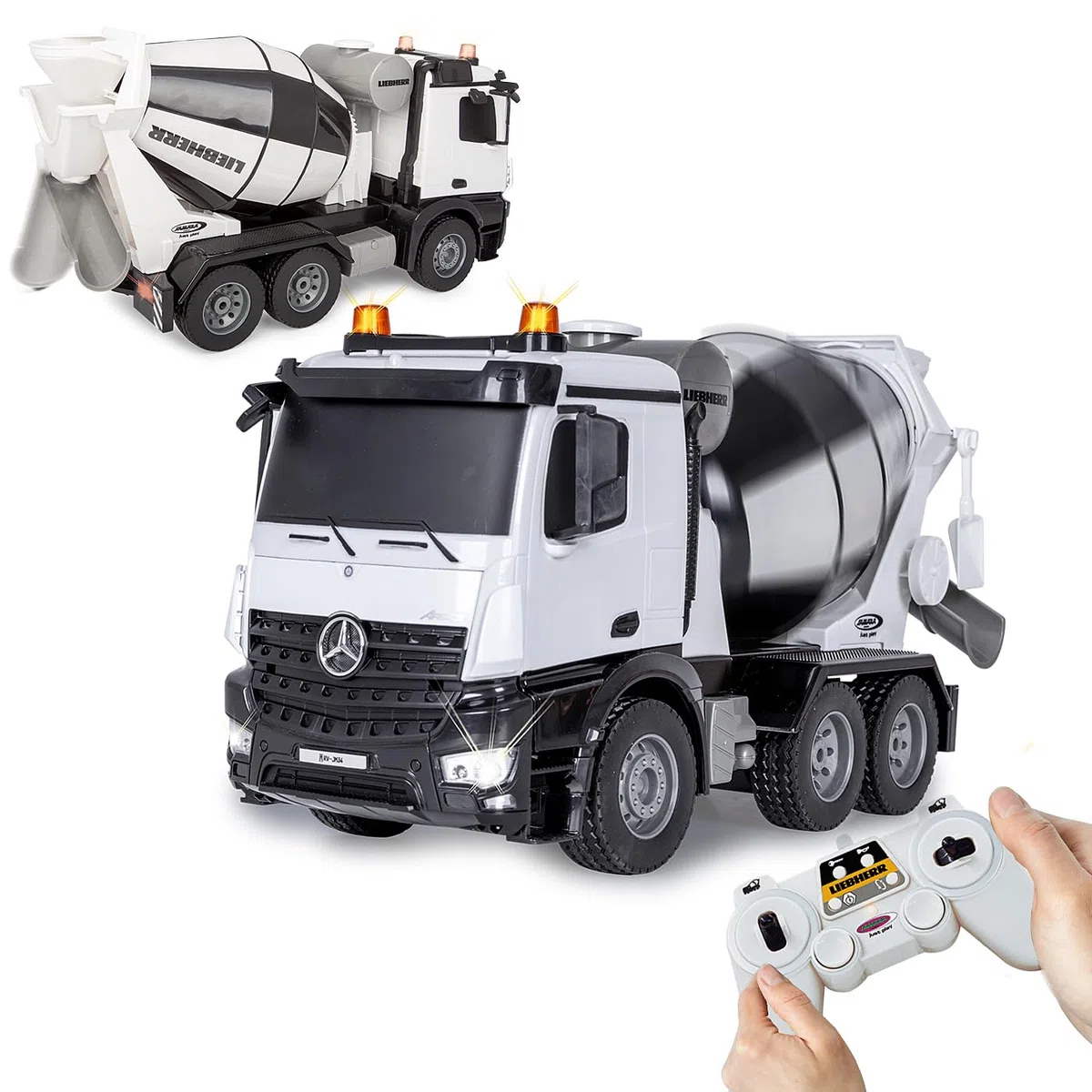 JAMARA Frullatore Mercedes Benz Arocs Liebherr 1:20 2,4 GHz – licenza ufficiale, allarme retromarcia, 4 ruote motrici, pneumatici profilati, luce LED, tamburo di miscelazione girevole con funzione di
