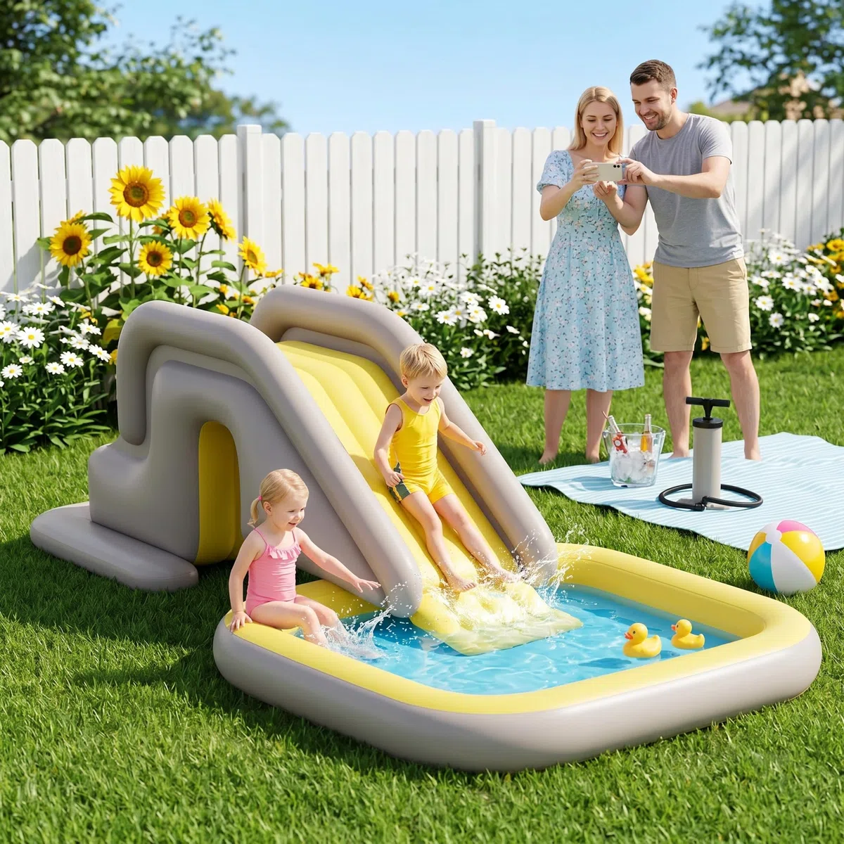 Scivolo Gonfiabile per Piscina con Pompa a Pedale, PVC per Interni/Esterni, Base Riempibile con Acqua