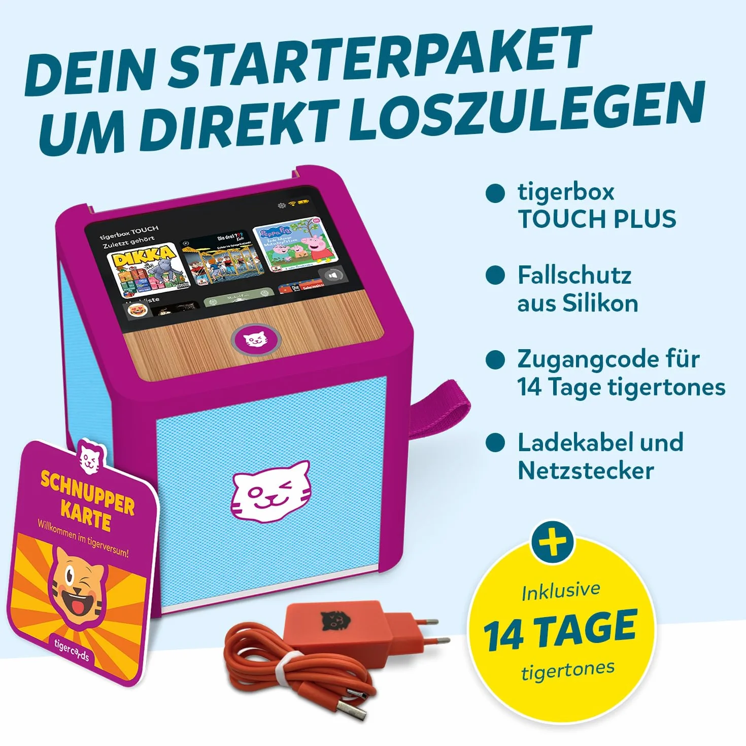 tigermedia tigerbox Touch Plus Miami Sky Azzurro | Audio Stereo per Bambini | Display Touch a Colori | con Luce Notturna | Connettore Cuffie Bluetooth | Batteria Extra Potente
