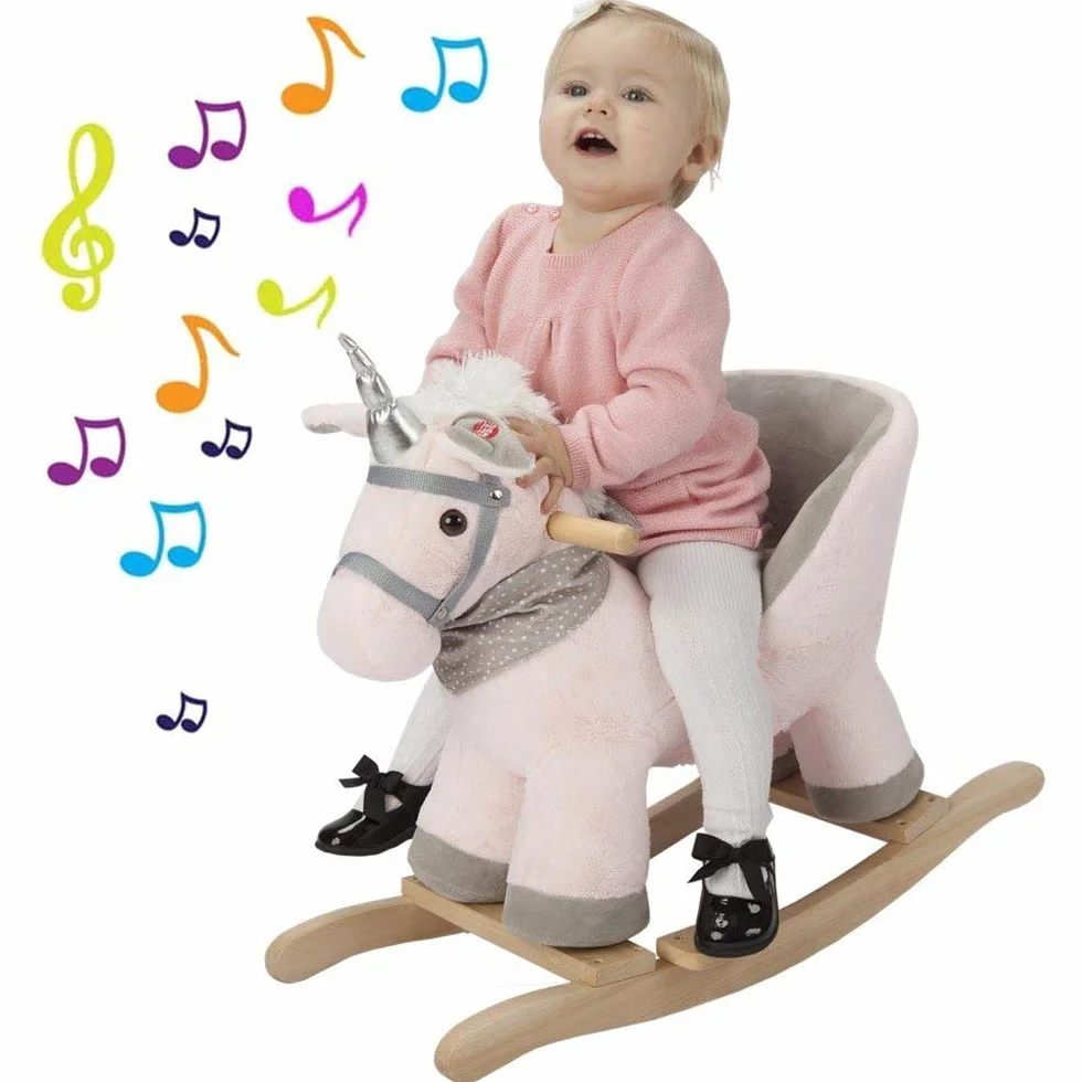 Bakaji Unicorno a Dondolo Cavalluccio Cavalcabile Peluche Giocattolo per Bambini con Effetti Sonori Maniglie e Cintura di Sicurezza Rosa